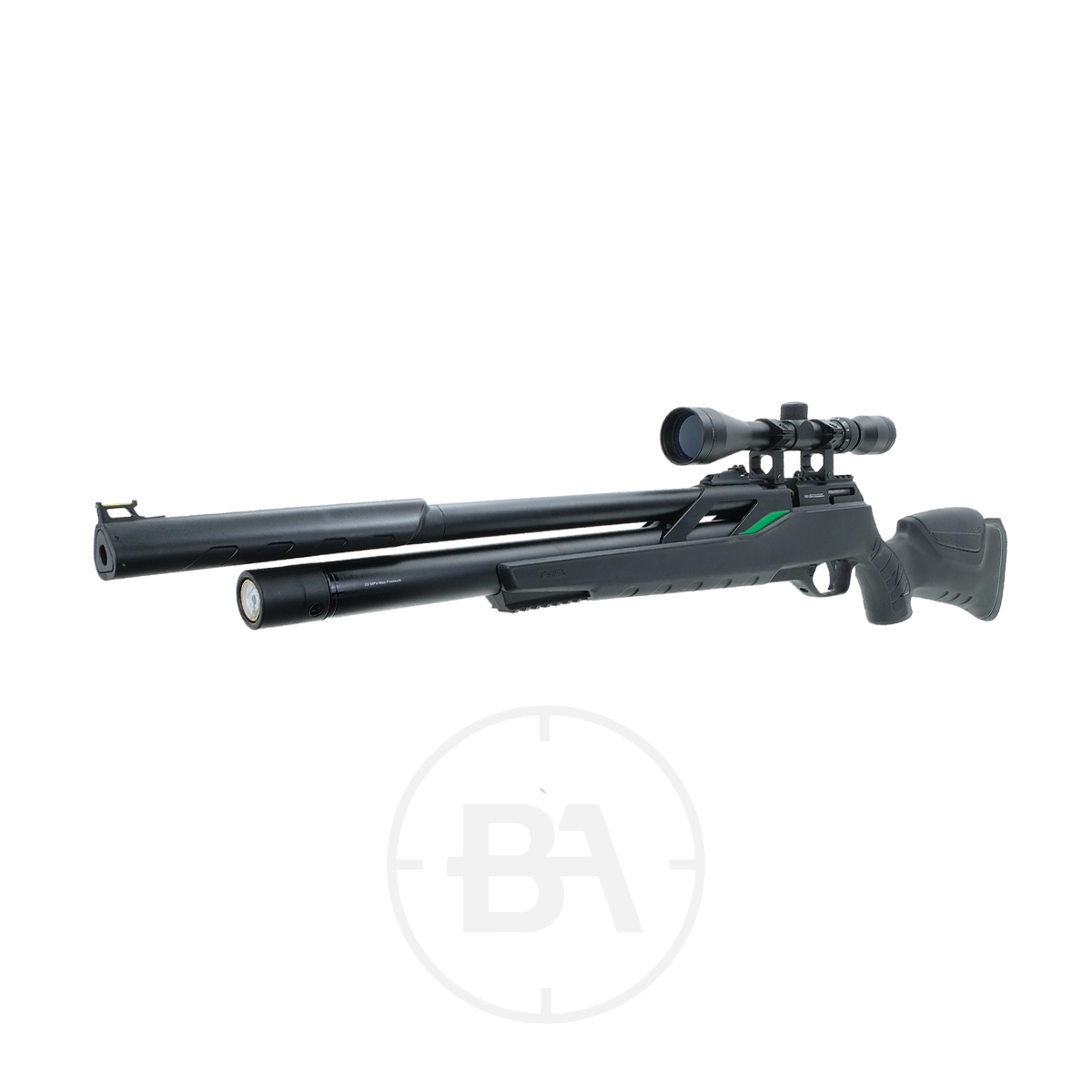 Remington T-Rex PCP Air Rifle With Scope 5 A Remington T-Rex PCP Air Rifle With Scope, featuring a black finish and ergonomic stock, is displayed on a white background.