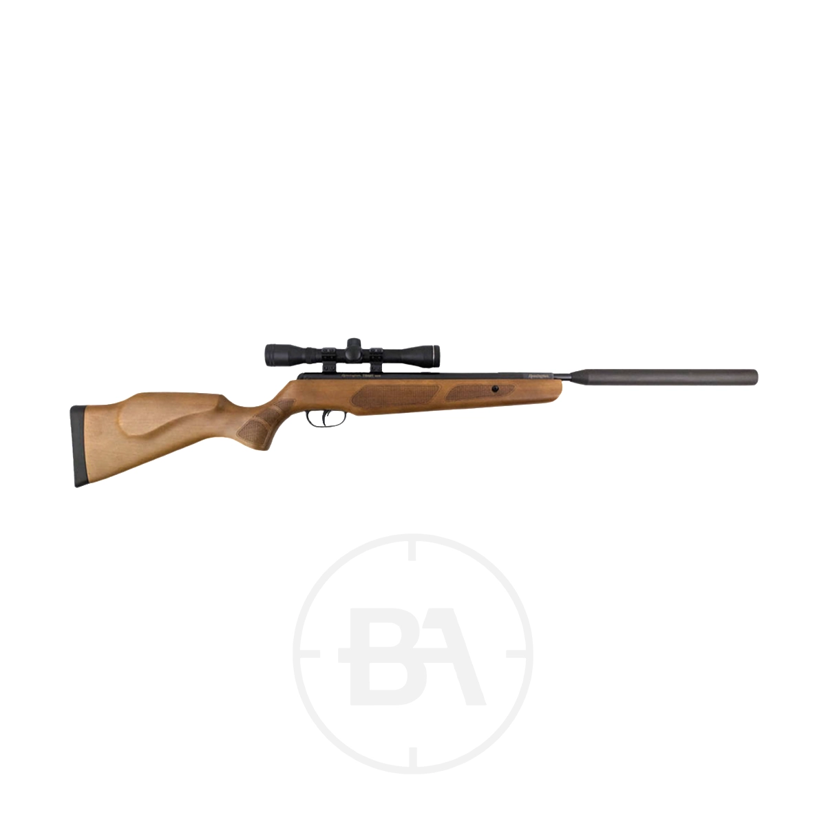 Remington Tyrant Spring Air Rifle With Scope 3 A Remington Tyrant Spring Air Rifle With Scope, featuring a wooden stock and silencer, is displayed on a white background.