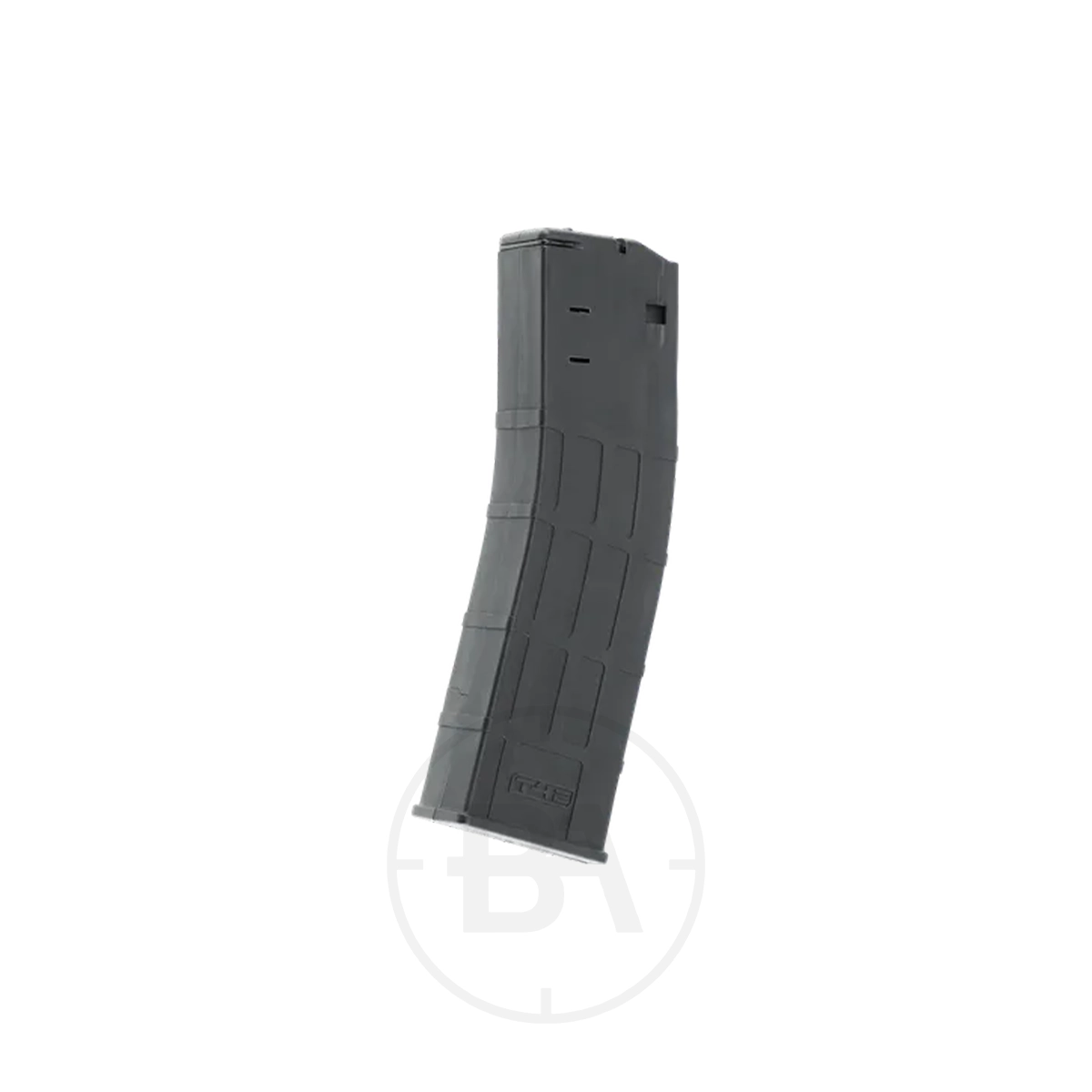 Umarex T4E TC 68 20-Round Magazine .68 1 The Umarex T4E TC 68 20-Round Magazine .68, black with a curved and ridged design, stands upright against a plain white background.