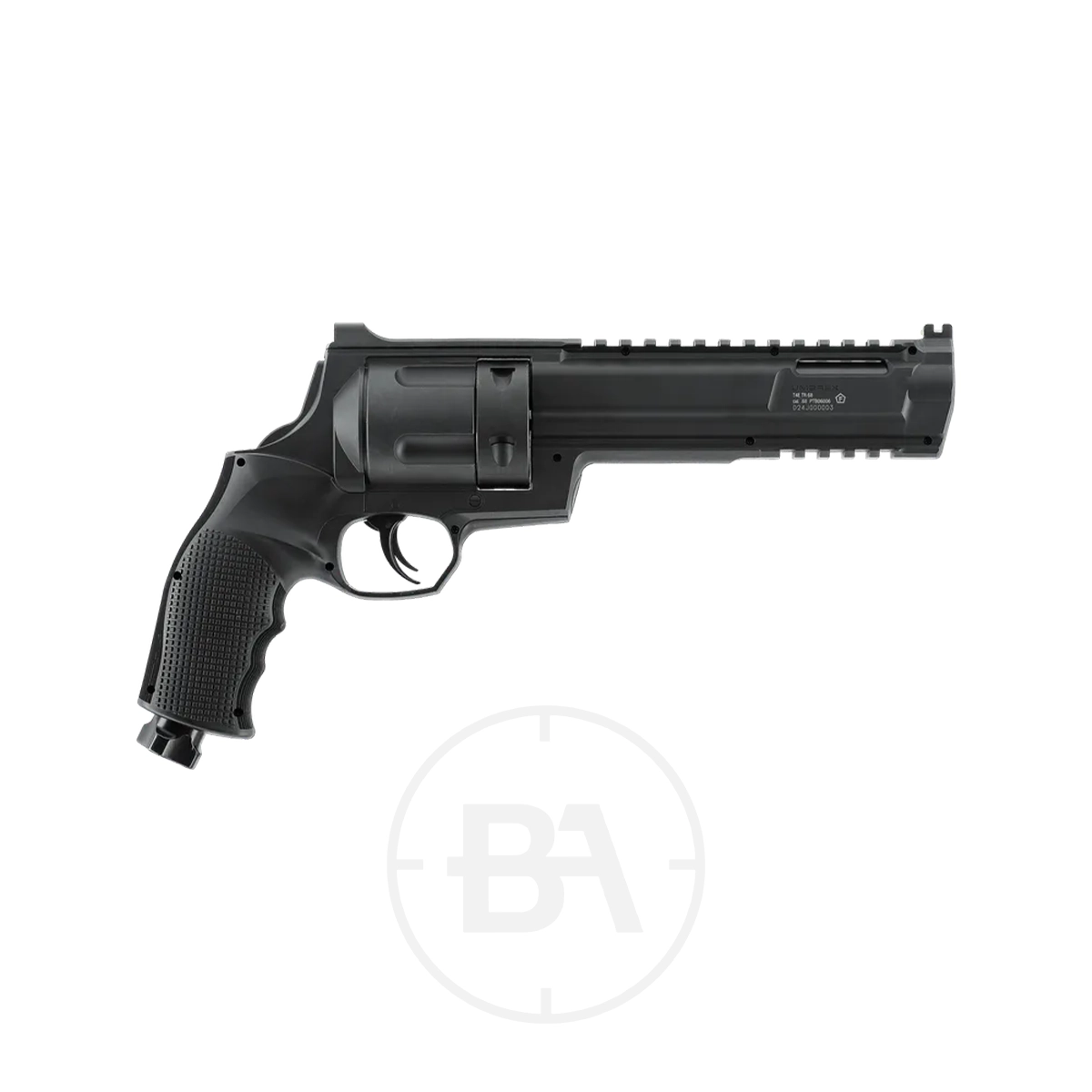 Umarex T4E TR 68 Gen 2 CO2 Paintball Pistol 2 The Umarex T4E TR 68 Gen 2 CO2 Paintball Pistol features a black revolver-style design, textured grip, and tactical rail, shown against a white background.