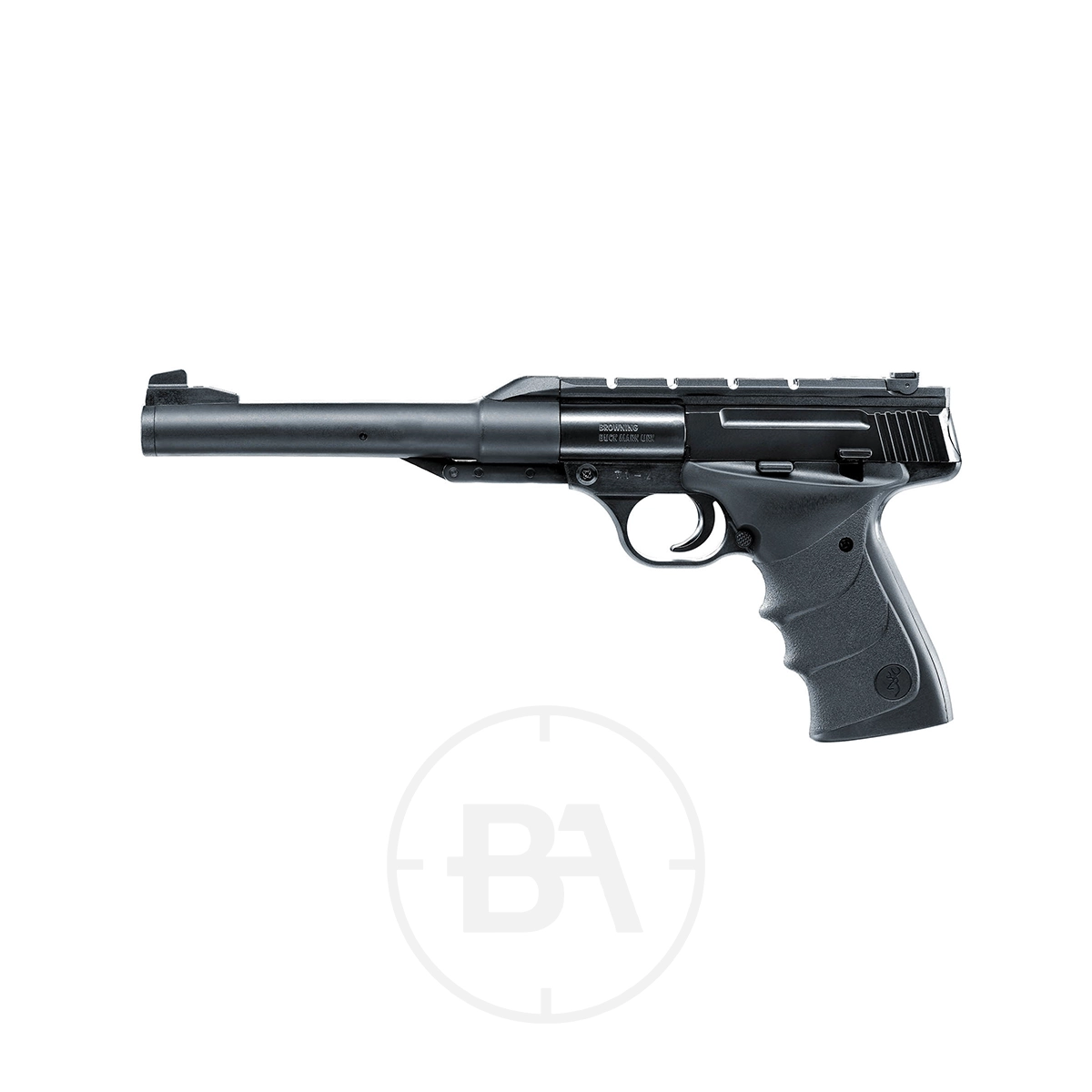 Browning Buck Mark URX Spring Pistol 1 A black Browning Buck Mark URX Spring Pistol with a long barrel, shown from the side on a white background.