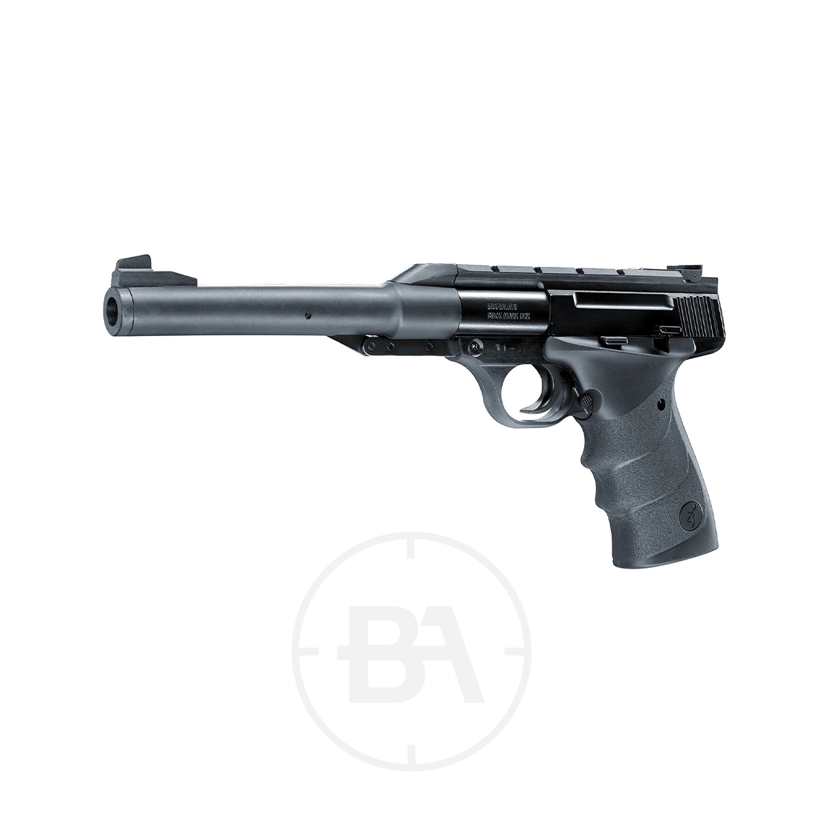 Browning Buck Mark URX Spring Pistol 3 A Browning Buck Mark URX Spring Pistol with a long barrel and textured grip is shown in black on a white background.