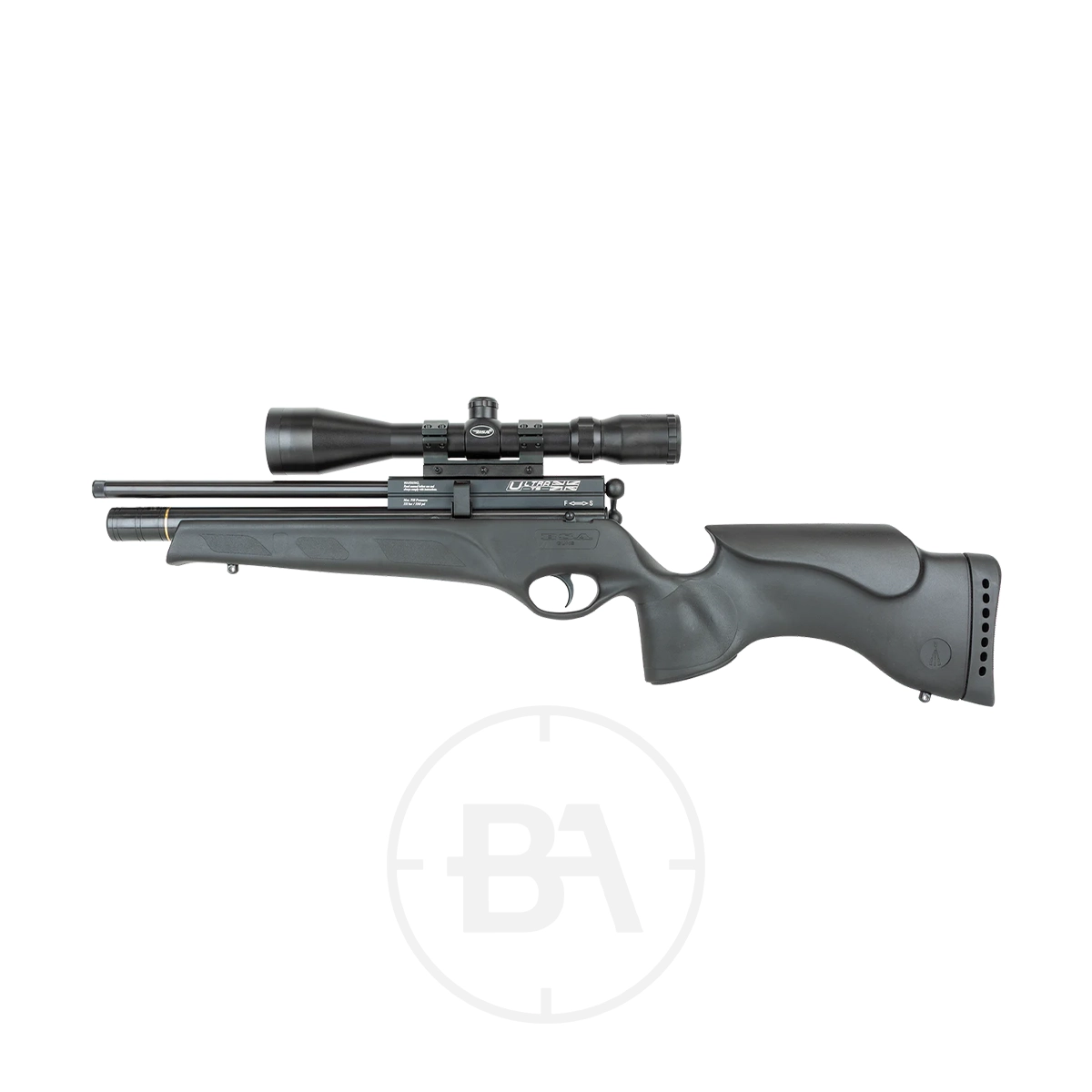 BSA Ultra TS PCP Air Rifle 3 The BSA Ultra TS Multishot Tactical PCP Air Rifle, with a black synthetic stock and modern design, comes equipped with a scope and is showcased on a white background.