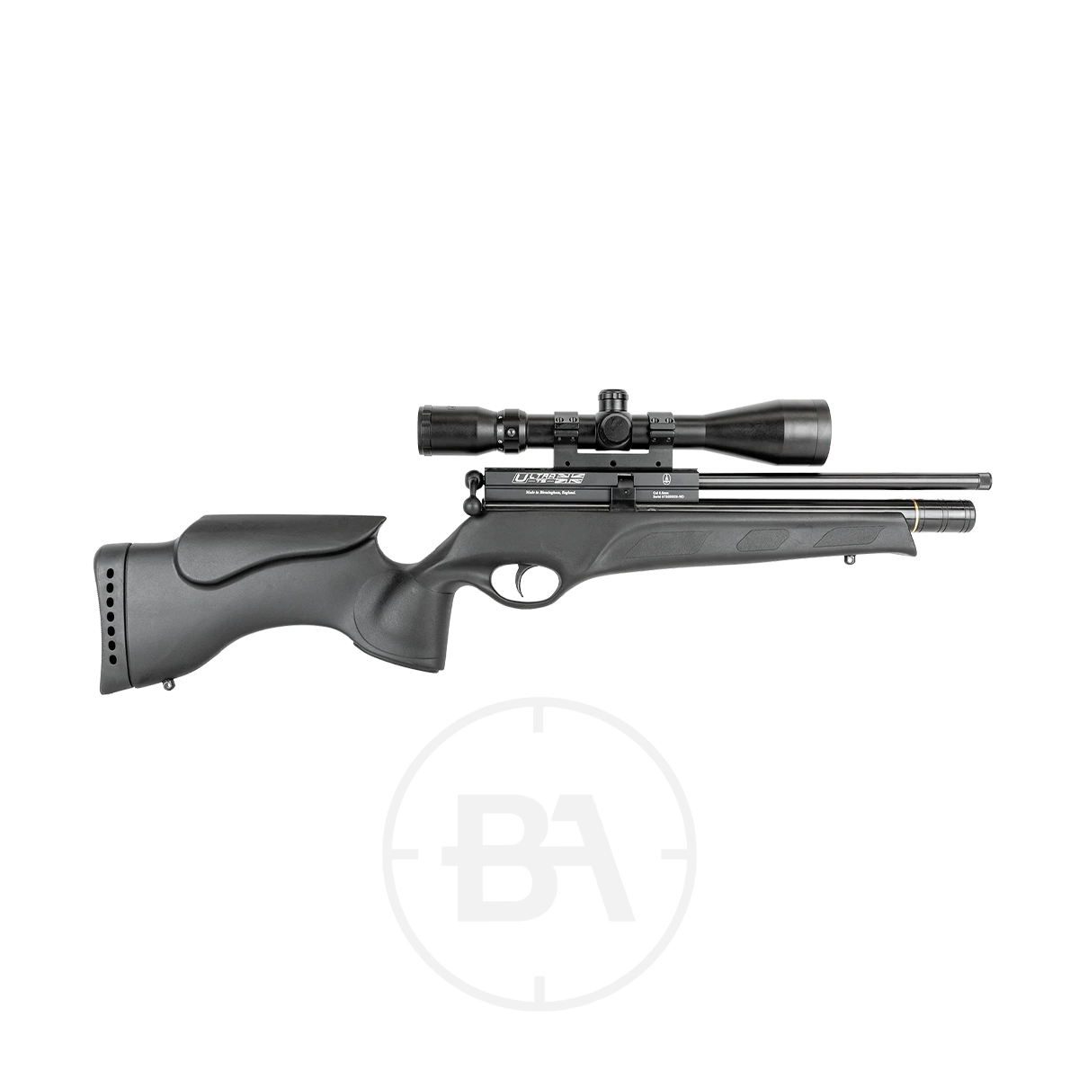 BSA Ultra TS PCP Air Rifle 1 The BSA Ultra TS Multishot Tactical PCP Air Rifle, black with synthetic stock, thumbhole grip, adjustable butt pad, and scope fitted, is displayed on a white background.