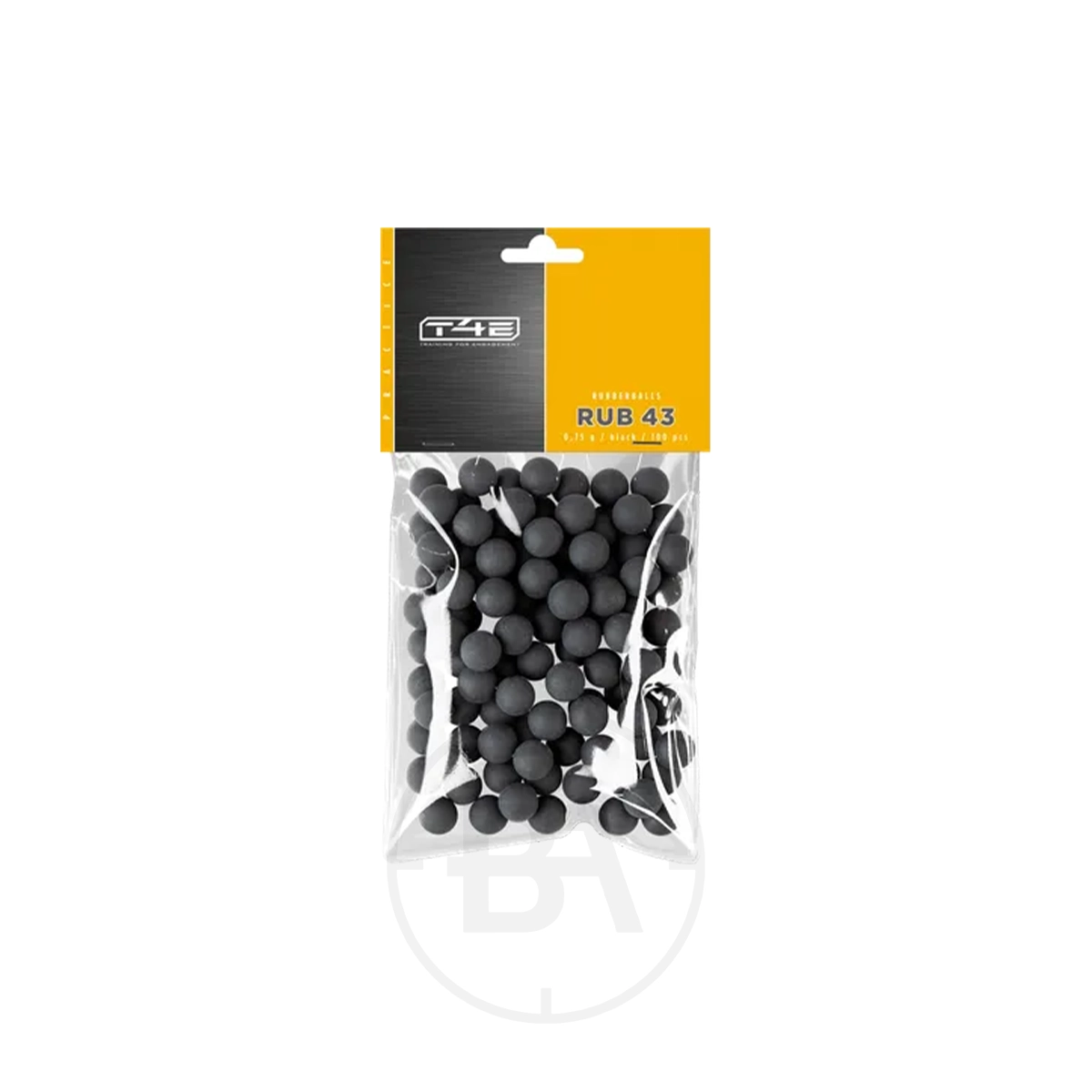 Umarex T4E RUB 43 Rubber Practice Balls .43 (x100) 1 A clear plastic bag of 100 Umarex T4E .43 Rubber Practice Balls, labeled "RUB 43" with a yellow and black header card, ideal for training sessions.