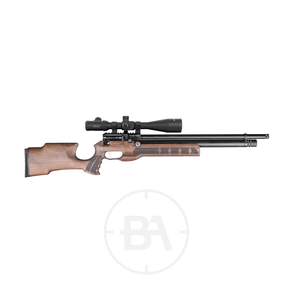 Kral Arms Unica Regulated PCP Air Rifle 1 A Kral Arms Unica Regulated PCP Air Rifle with a wooden stock, mounted scope, black barrel, and adjustable cheek rest is displayed on a white background.