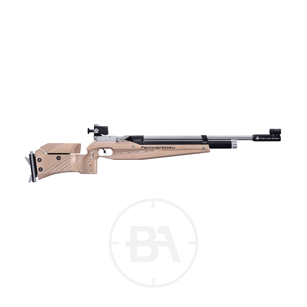 Feinwerkbau 800 Universal Match Target Rifle 1 Side view of a Feinwerkbau 800 Universal Match Target Rifle featuring a wooden stock, adjustable cheek rest, and metal barrel, displayed against a plain white background.