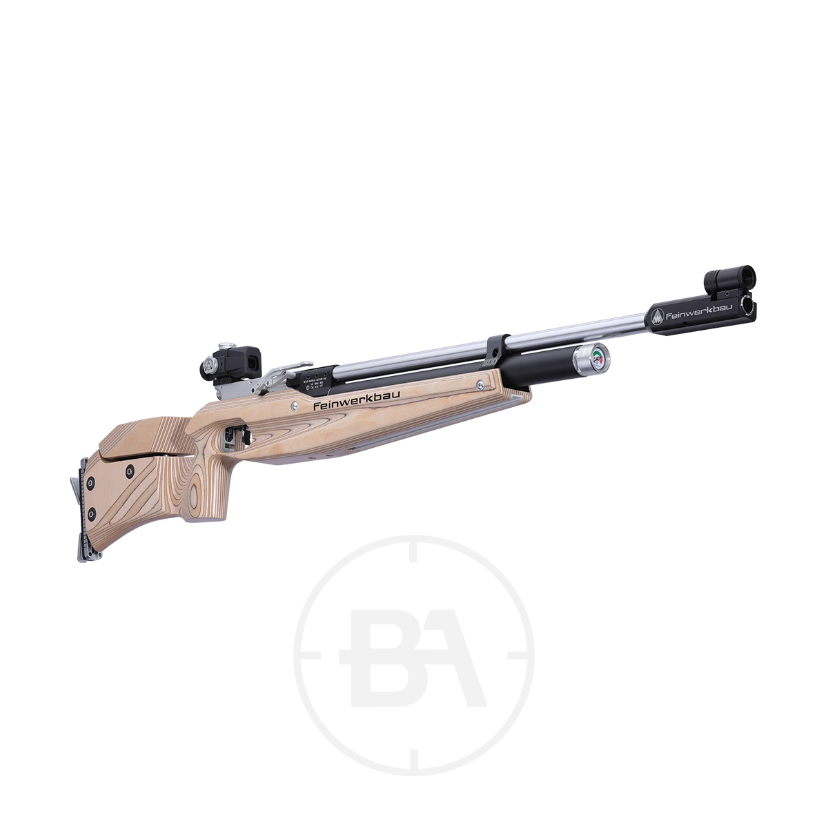 Feinwerkbau 800 Universal Match Target Rifle 3 Side view of the Feinwerkbau 800 Universal Match Target Rifle featuring a light wood stock and metallic barrel, displayed on a plain white background.