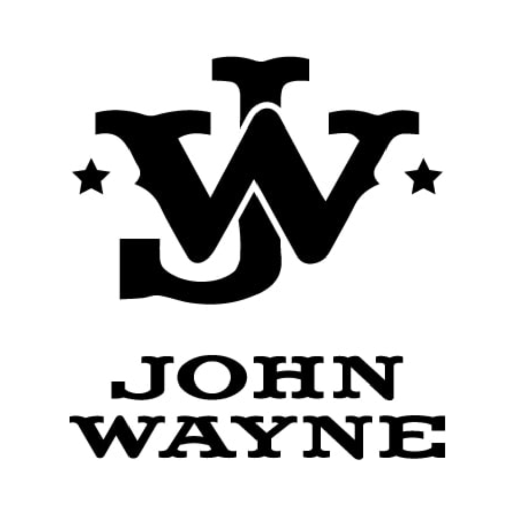 Black stylized "JW" logo with two stars, and the words "John Wayne" in bold, uppercase letters below on a white background.