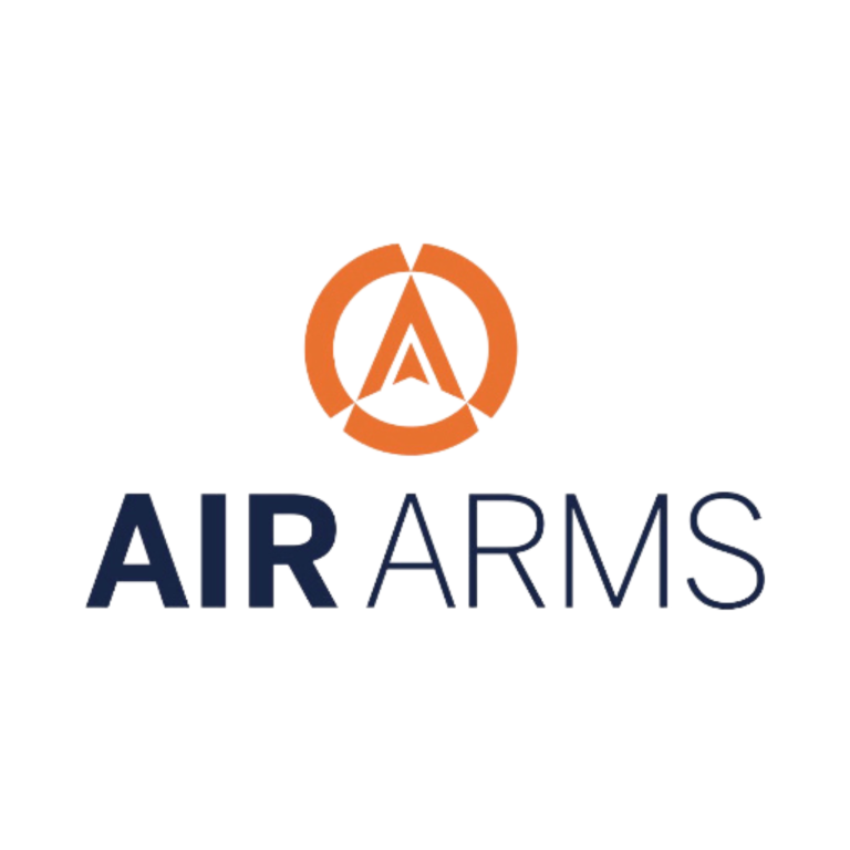 The AIR ARMS logo features an orange circular emblem with a stylized "A" above the words "AIR ARMS" in dark blue capital letters on a white background.