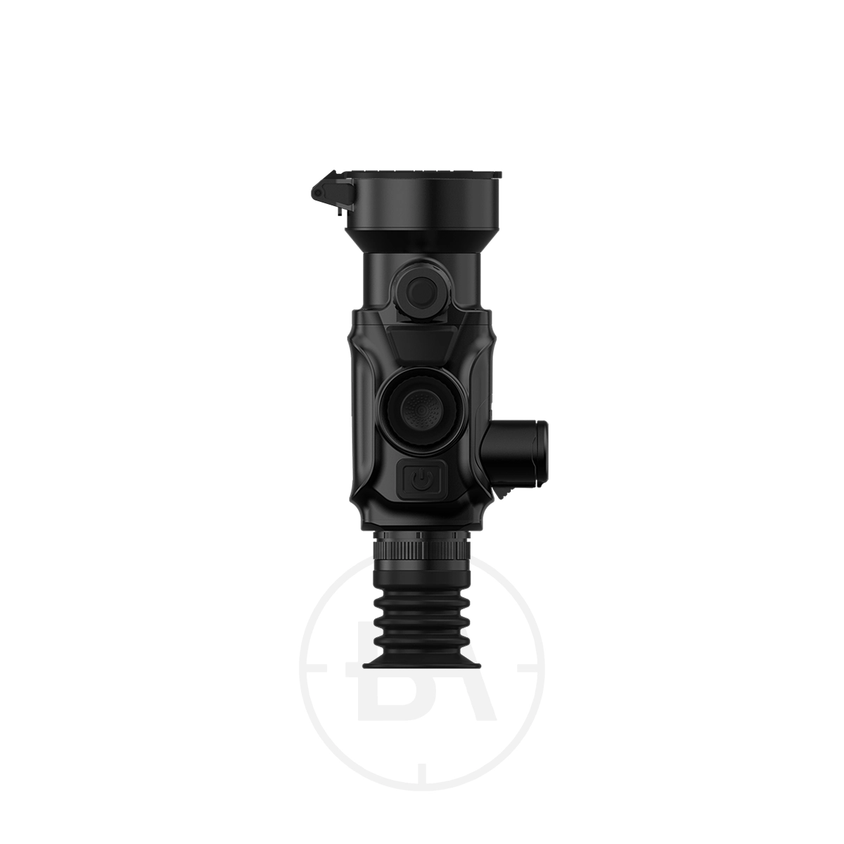 ThermTec Vidar 650 2.0 Thermal Imaging Rifle Scope 5 The ThermTec Vidar 650 2.0 Thermal Imaging Rifle Scope, a black device with a round lens, central control buttons, and textured grip, is shown on a white background.
