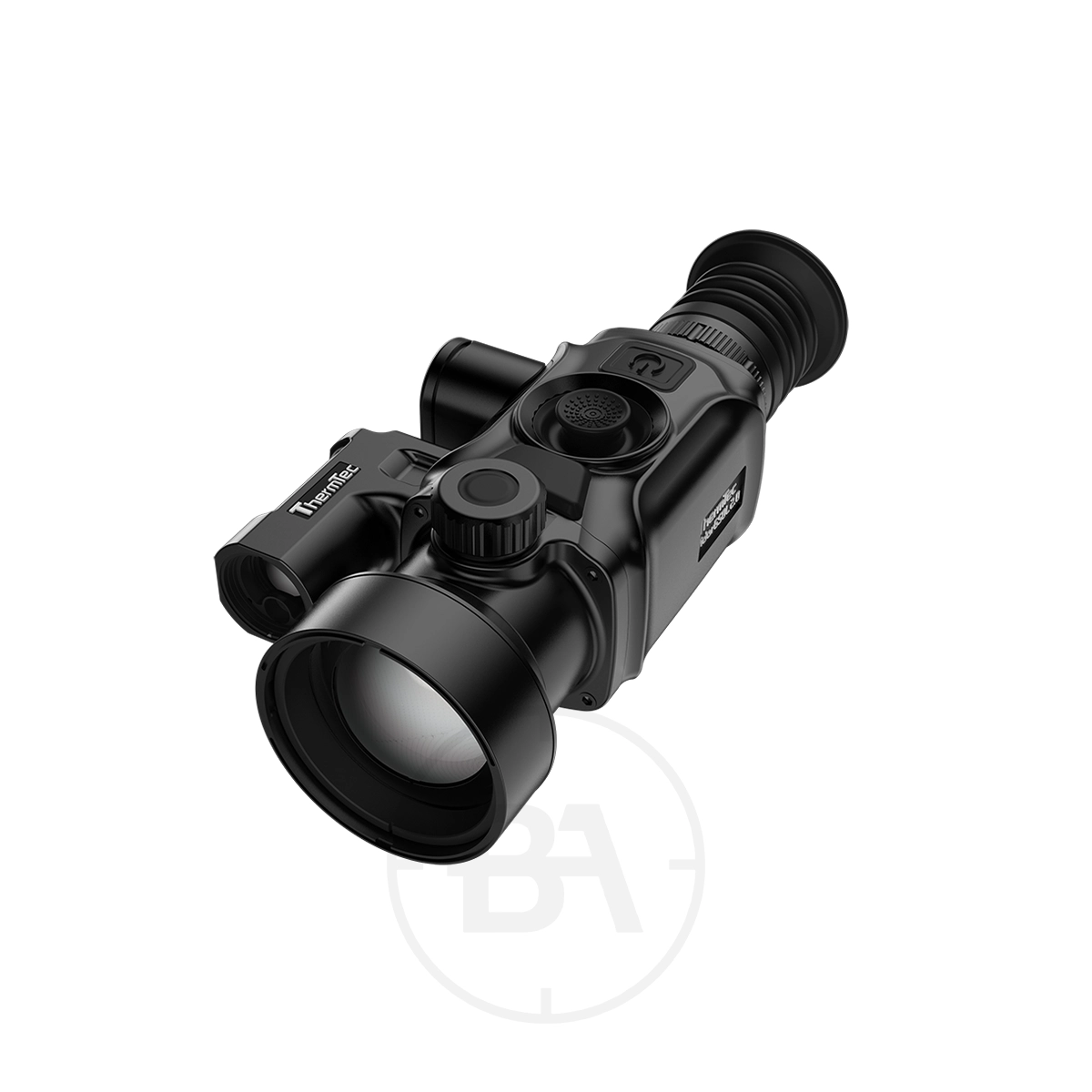 ThermTec 650L 2.0 Thermal lmaging Rifle Scope 1 A ThermTec 650L 2.0 Thermal Imaging Rifle Scope in black with an eyepiece, control buttons, and a large objective lens is shown against a white background.