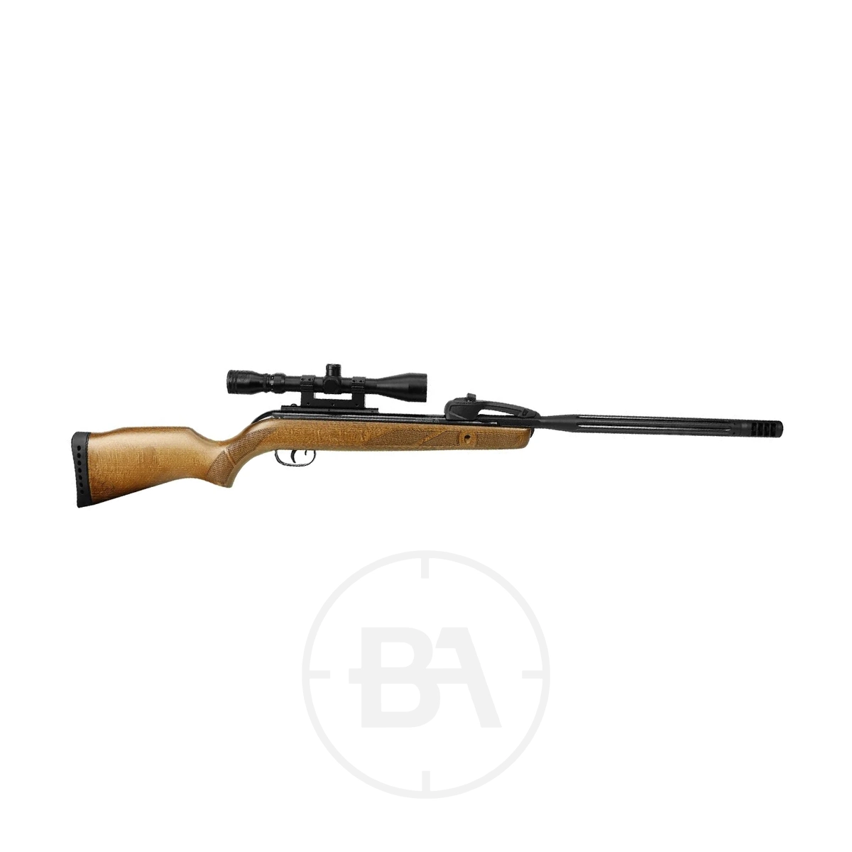 Gamo Varmint Swarm Spring Air Rifle With Scope 9 A Gamo Varmint Swarm Spring Air Rifle With Scope, showing a wooden stock and black barrel, is displayed against a white background.