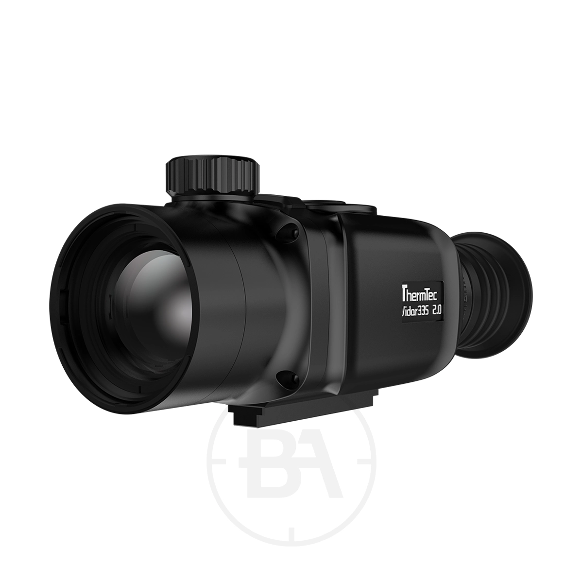 ThermTec Vidar 335 2.0 Thermal lmaging Rifle Scope 5 A black ThermTec Vidar 335 2.0 Thermal Imaging Rifle Scope is shown in a three-quarter view on a white background, highlighting its advanced thermal imaging technology.