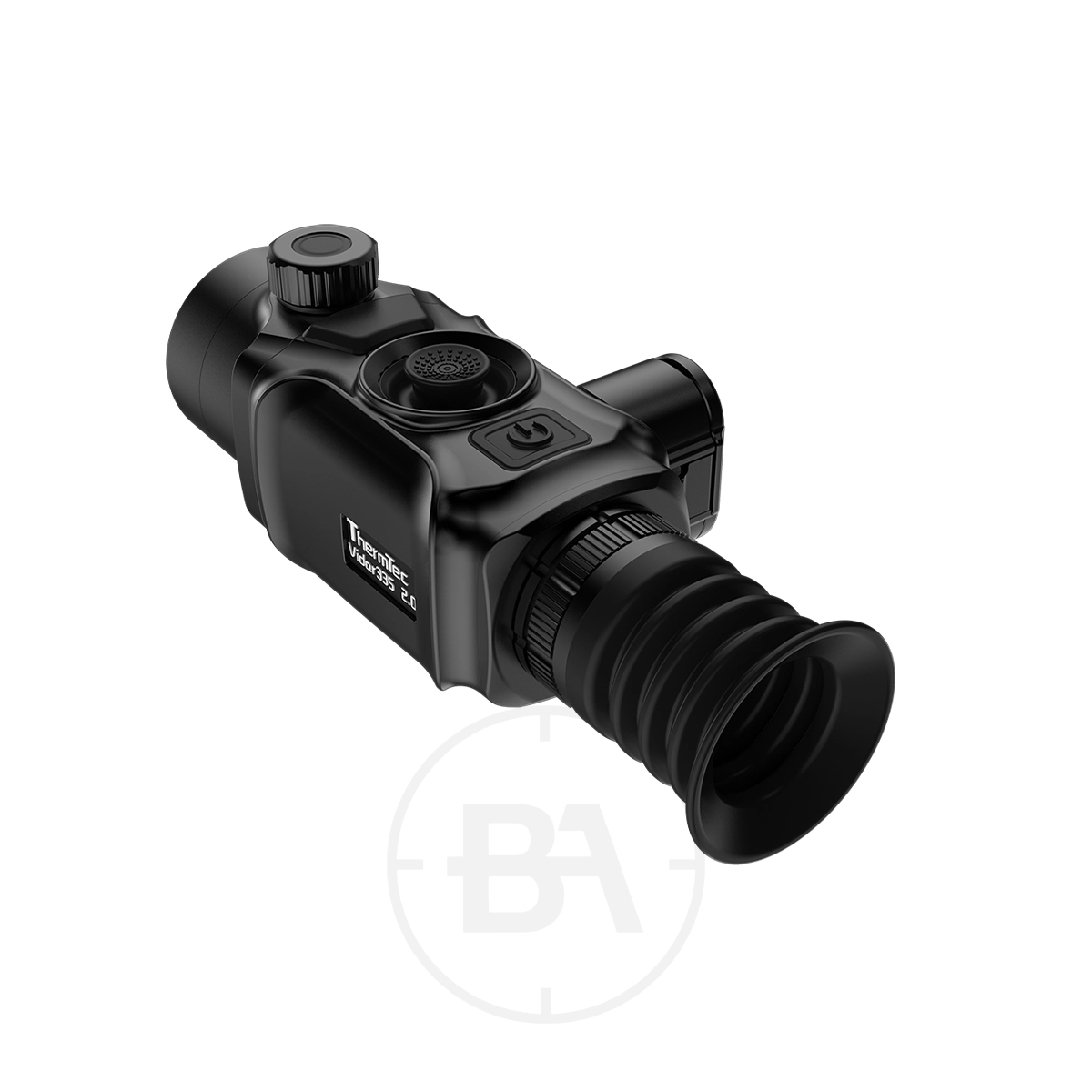 ThermTec Vidar 335 2.0 Thermal lmaging Rifle Scope 9 The ThermTec Vidar 335 2.0 Thermal Imaging Rifle Scope, featuring top control buttons and a rubber eyepiece, is shown angled on a white background.
