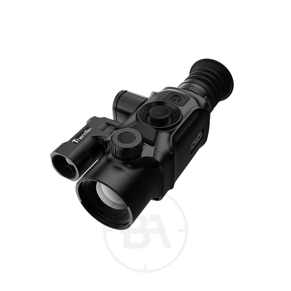 ThermTec Vidar 335L 2.0 Thermal lmaging Rifle Scope 1 A ThermTec Vidar 335L 2.0 Thermal Imaging Rifle Scope in black, featuring control buttons, lens, and eyepiece, is shown angled on a white background.
