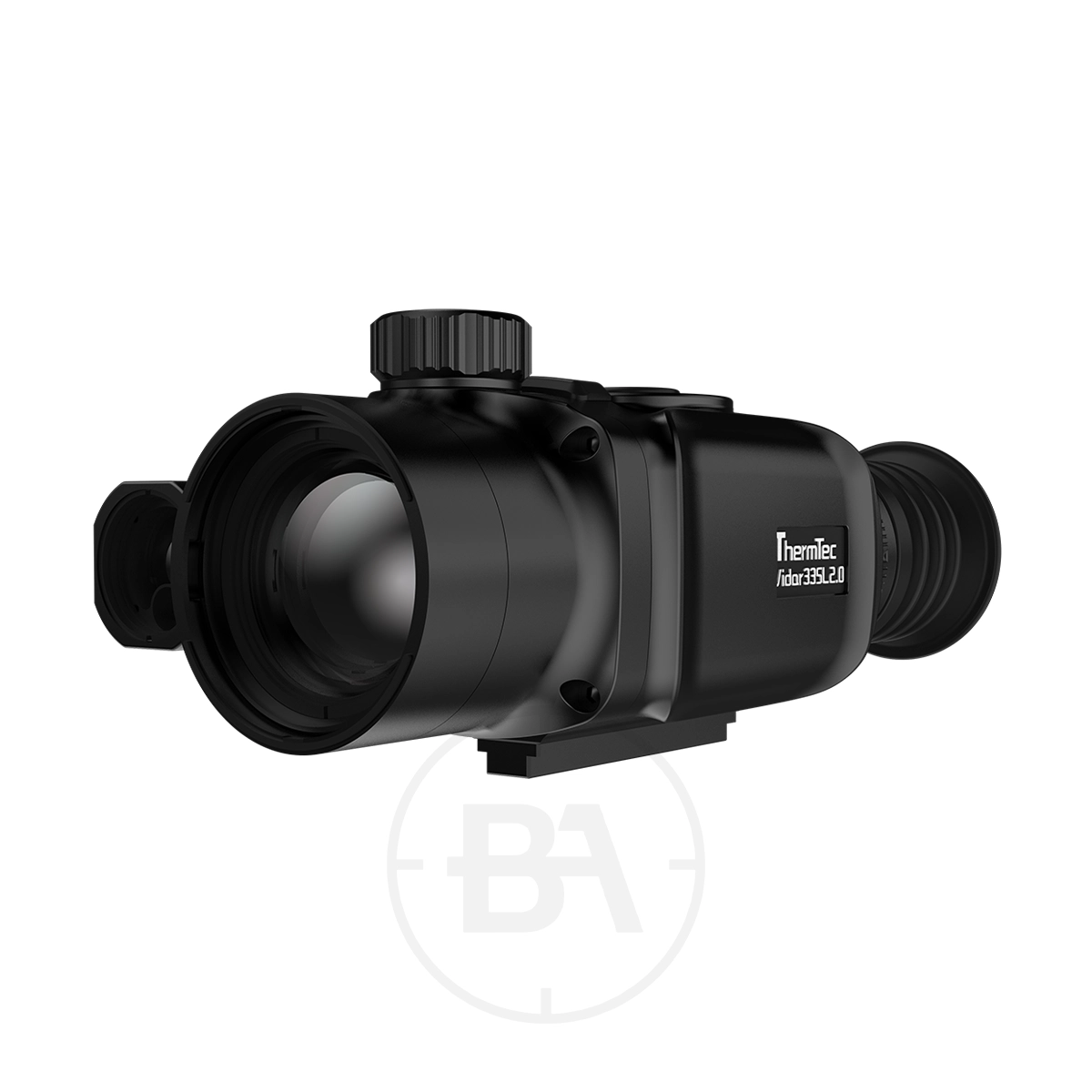 ThermTec Vidar 335L 2.0 Thermal lmaging Rifle Scope 3 A black thermal imaging rifle scope with a large front lens, top adjustment knob, and eyepiece, labeled "ThermTec Vidar 335L 2.0." Ideal for users seeking advanced features in a thermal scope.