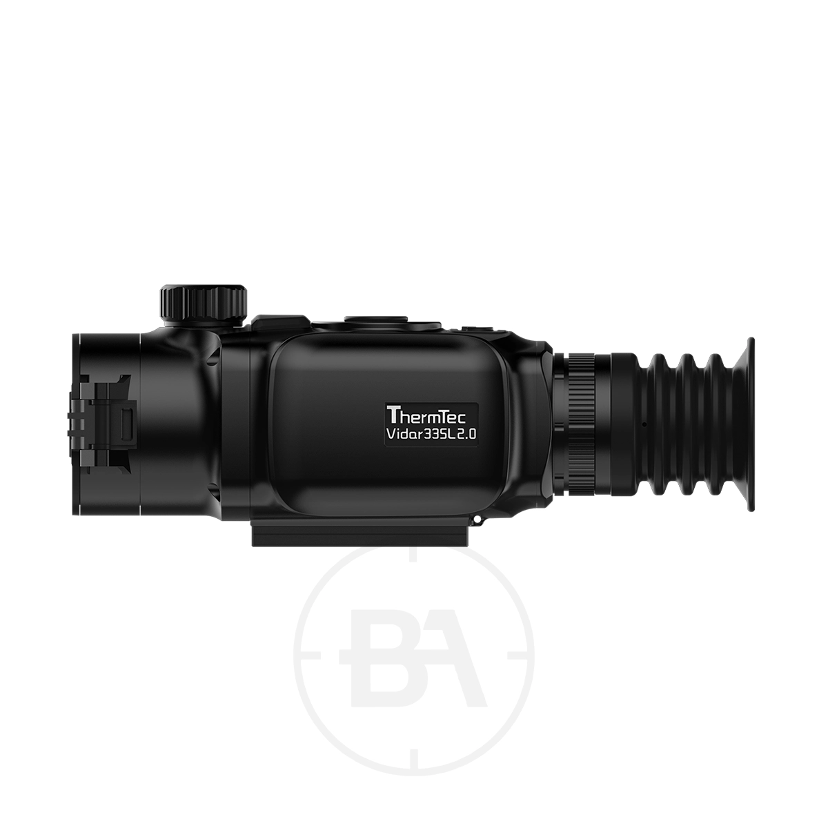 ThermTec Vidar 335L 2.0 Thermal lmaging Rifle Scope 9 Side view of a black ThermTec Vidar 335L 2.0 Thermal Imaging Rifle Scope with labeled controls and eyepiece.