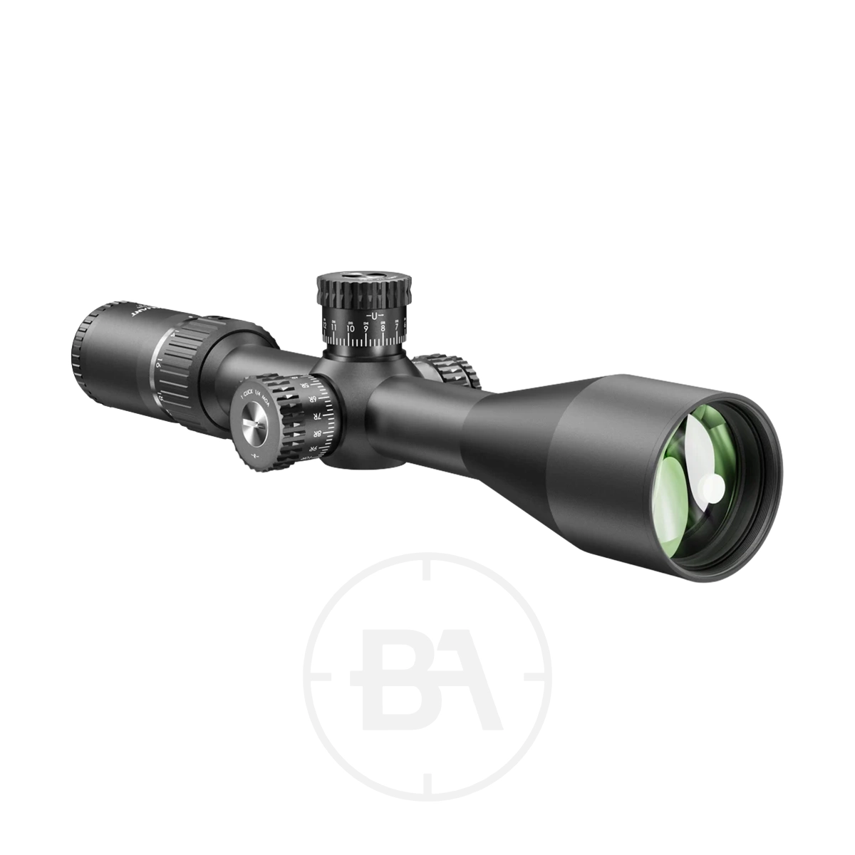 Valiant Zephyr 5-20x50 Rifle Scope 7 The Valiant Zephyr 5-20x50 Rifle Scope, shown angled on a white background, features adjustment dials and a green-tinted lens.