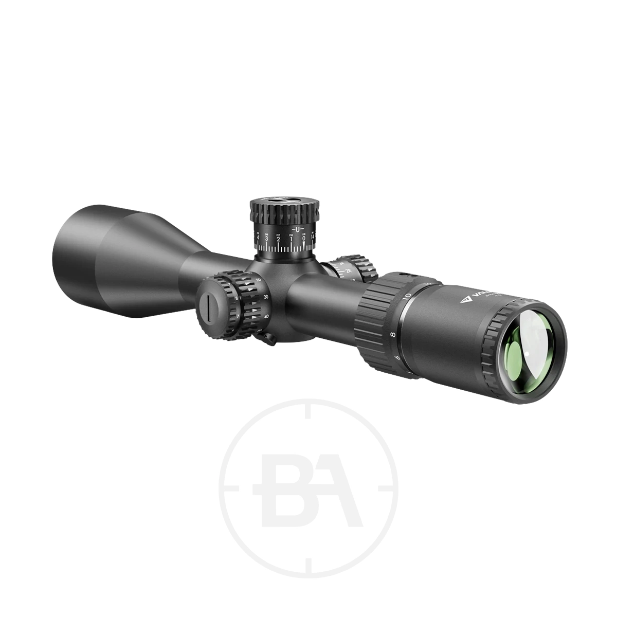 Valiant Zephyr 5-20x50 Rifle Scope 3 The Valiant Zephyr 5-20x50 Rifle Scope, shown angled on a white background, features adjustment knobs and a green-tinted lens.
