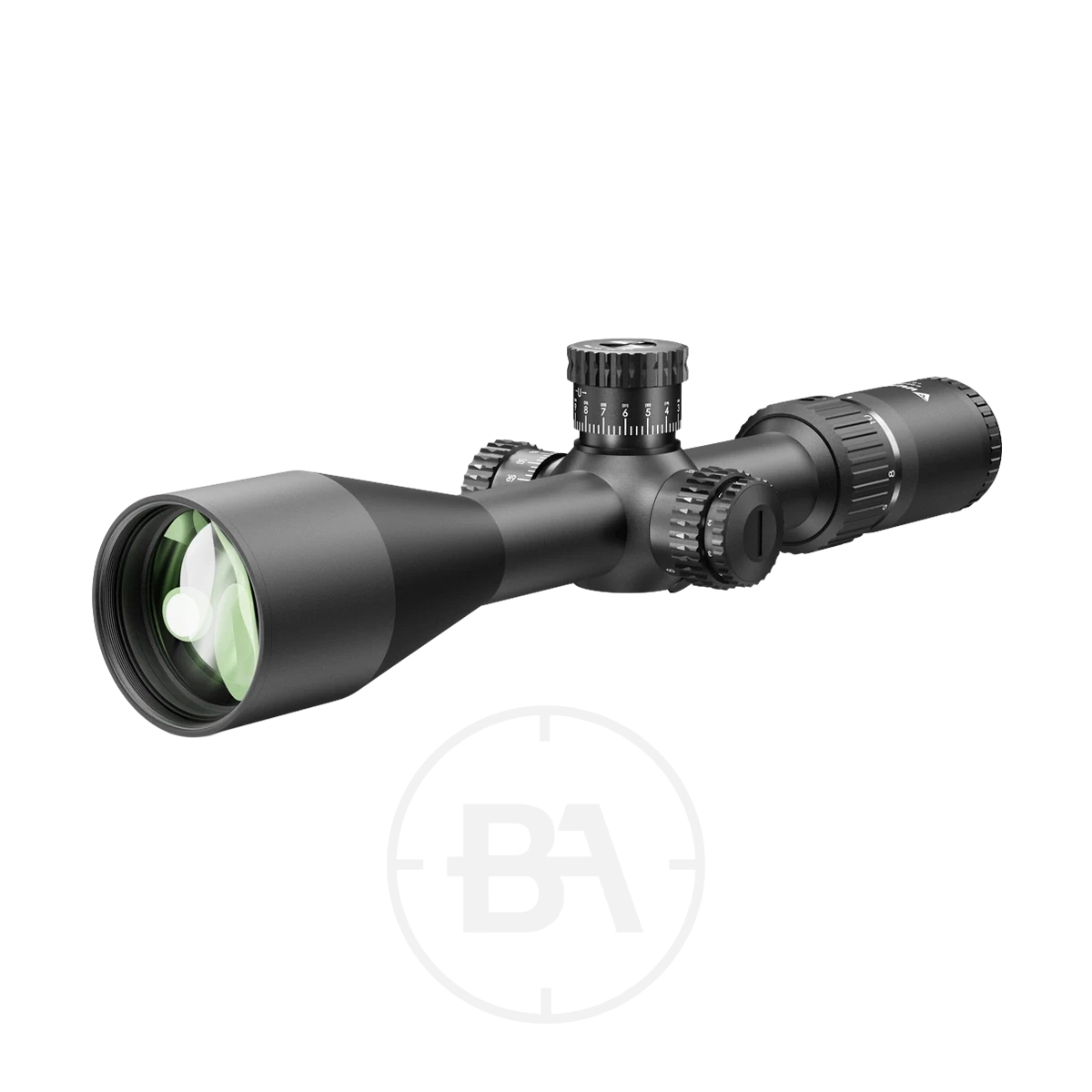 Valiant Zephyr 5-20x50 Rifle Scope 1 The Valiant Zephyr 5-20x50 Rifle Scope in matte black, featuring adjustment dials and a large objective lens, is displayed at a slight angle against a white background.