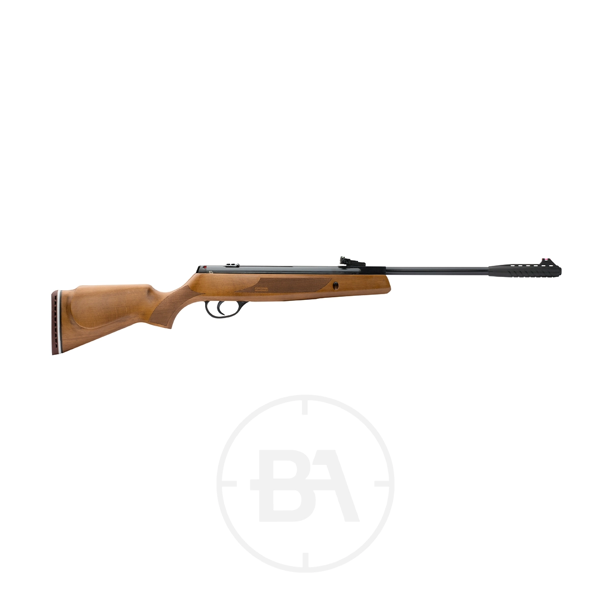 Webley VMX Cub Junior Spring Air Rifle 1 The Webley VMX Cub Spring Air Rifle features a wooden stock, metal barrel, and black scope mount, elegantly displayed against a white background.