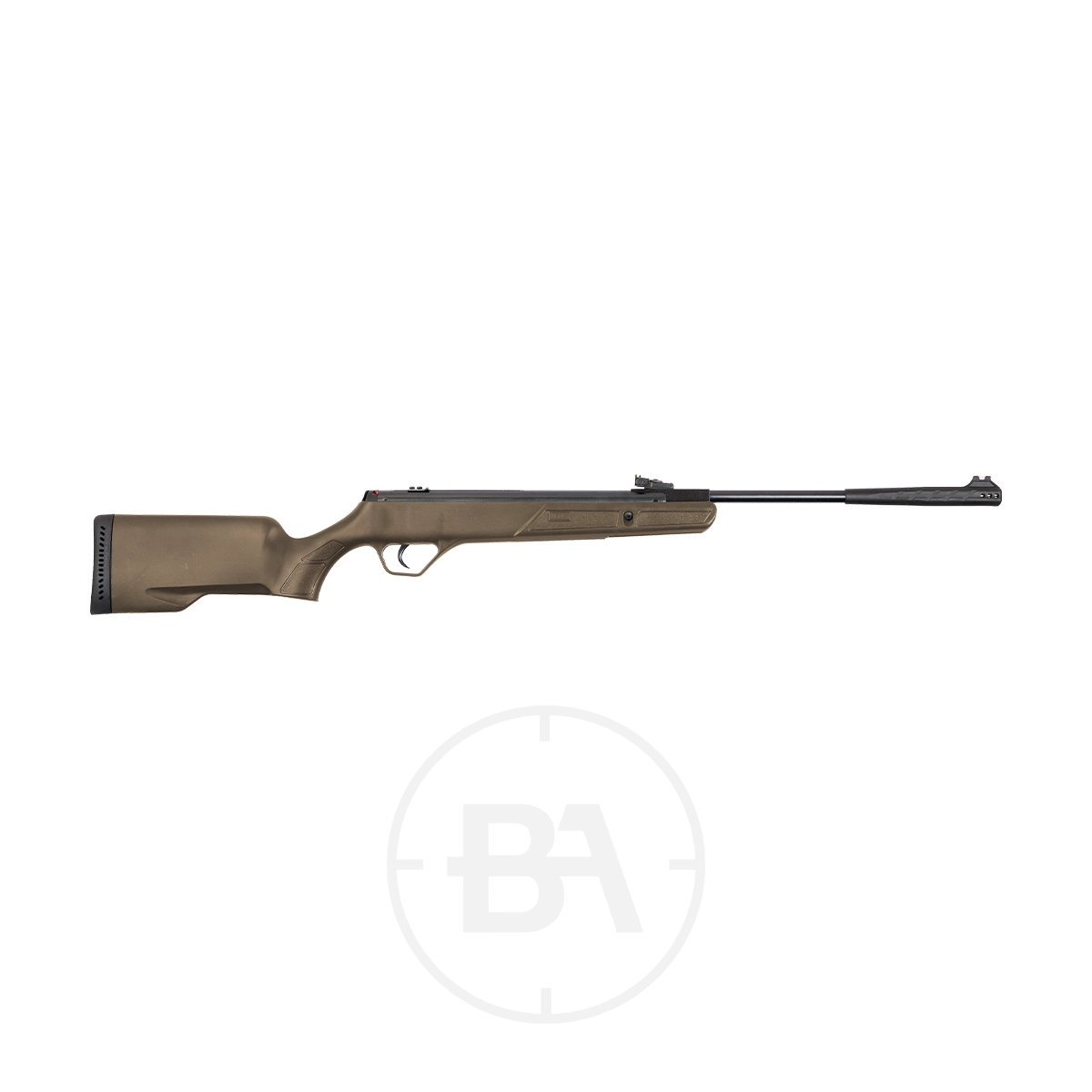 Webley VMX 2.0 D-Ram Gas Ram Air Rifle 3 A Webley VMX 2.0 Spring Air Rifle in tan with a black barrel and scope mounts, displayed against a plain white background.