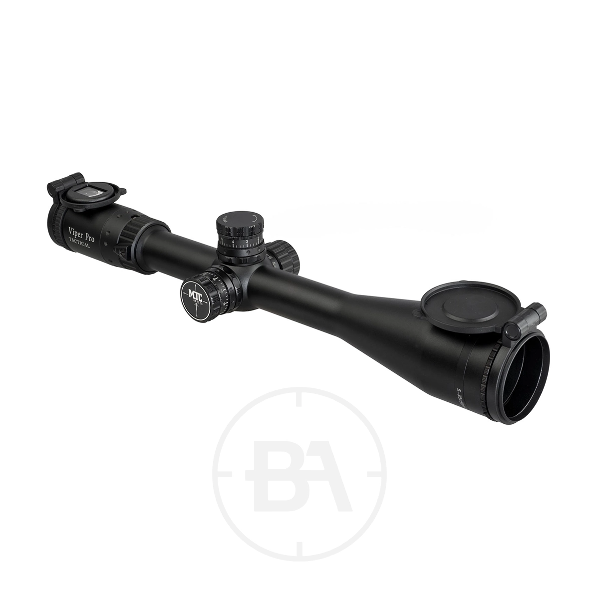 MTC Optics Viper Pro Tactical 5-30x50 1 The MTC Optics Viper Pro Tactical 5-30x50 rifle scope in black, featuring adjustment knobs and flip-up lens covers, is displayed on a white background.