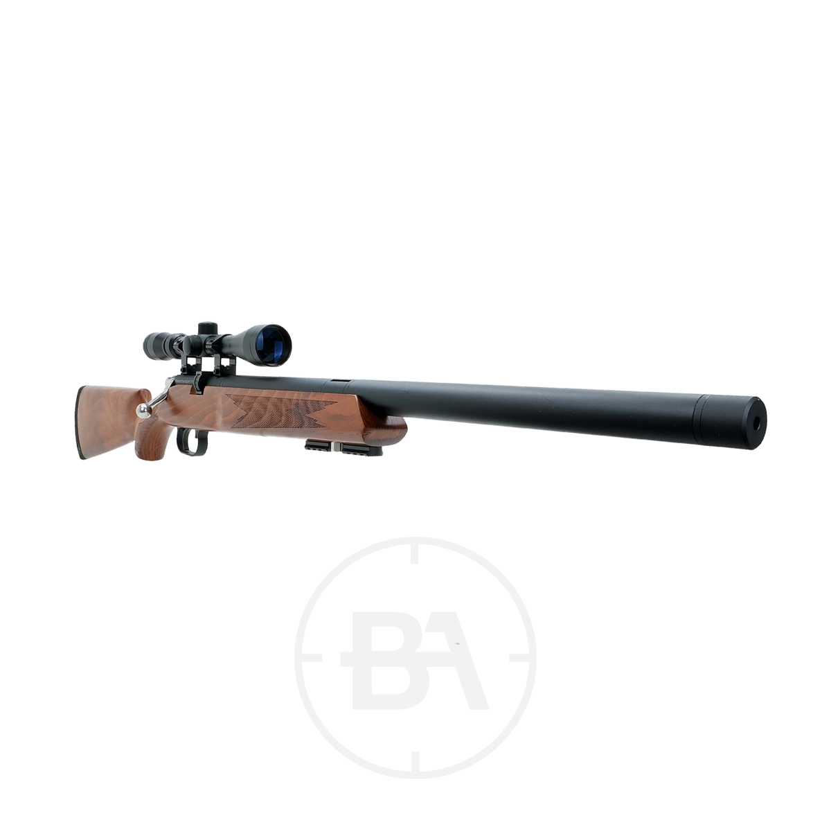 Remington Vought PCP Air Rifle With Scope 7 The Remington Vought PCP Air Rifle With Scope features a bolt-action system, wooden stock, mounted scope, and long barrel, displayed on a white background.