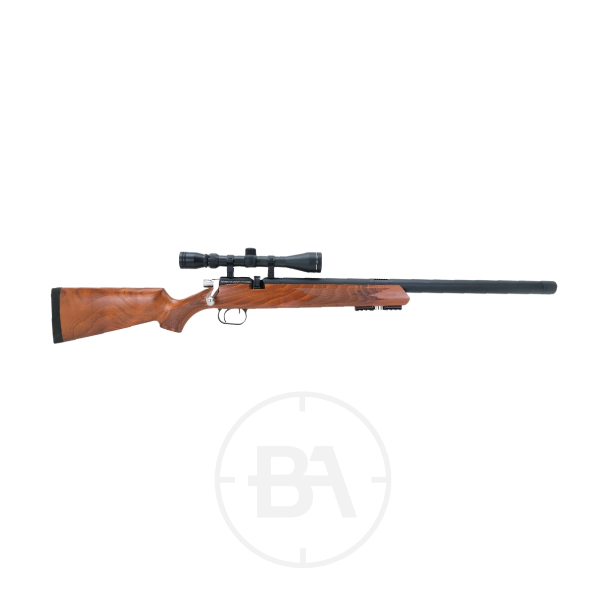 Remington Vought PCP Air Rifle With Scope 5 The Remington Vought PCP Air Rifle With Scope features a wooden stock and black barrel, classic bolt-action design, and is displayed on a white background.
