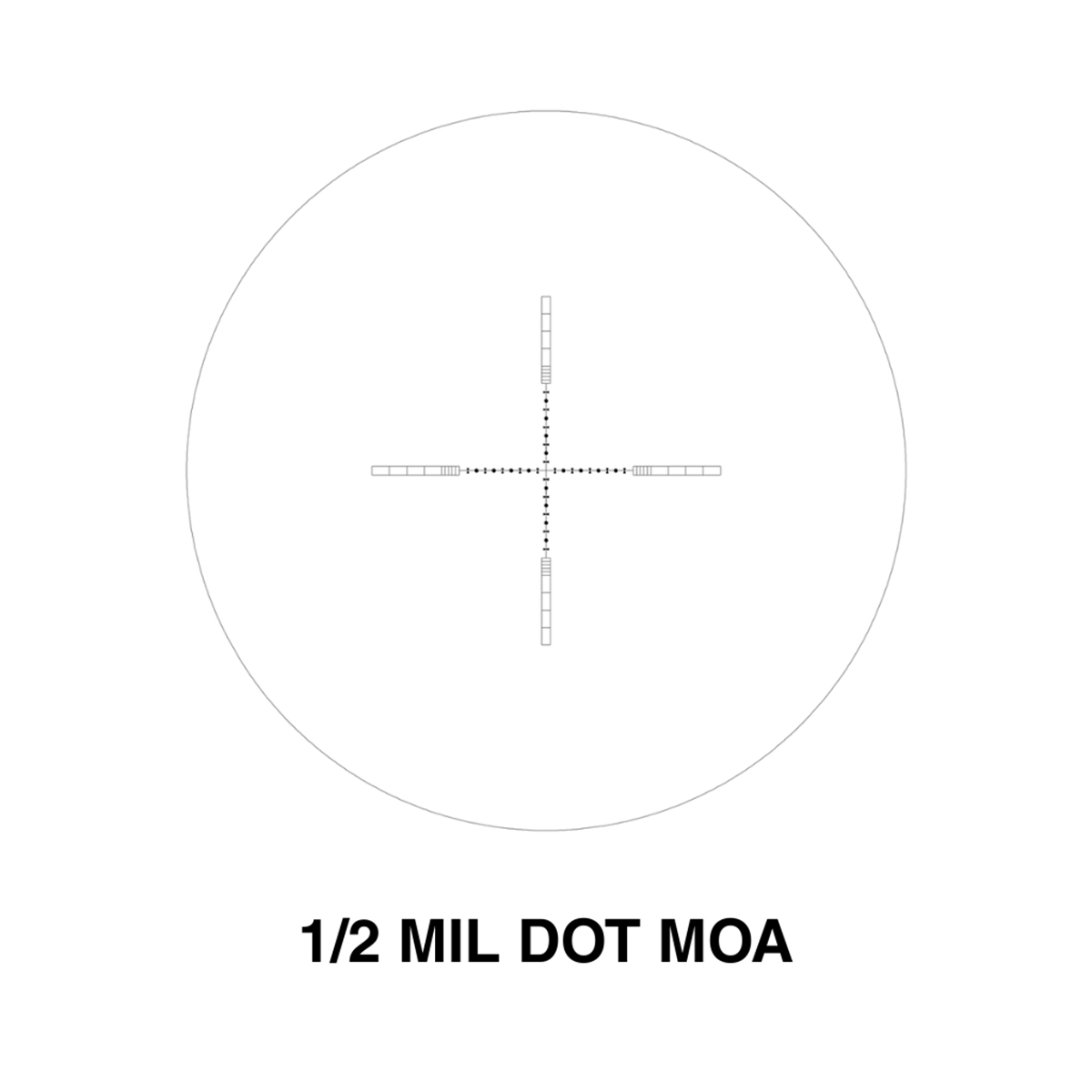 Valiant Zephyr 4-16x50 Rifle Scope 11 The Valiant Zephyr 4-16x50 Rifle Scope features a black reticle with crosshairs and half mil dot marks inside a circle, labeled "1/2 MIL DOT MOA" below.