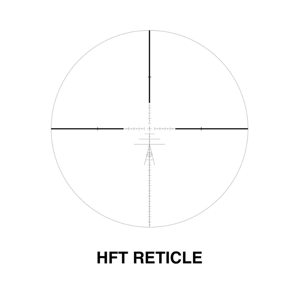 Valiant Themys 10x32 Compact HFT Rifle Scope 9 A circular scope view with a crosshair and multiple graduated markings, labeled "HFT Reticle"—ideal for the Valiant Themys 10x32 Compact HFT Rifle Scope or any compact rifle scope setup.