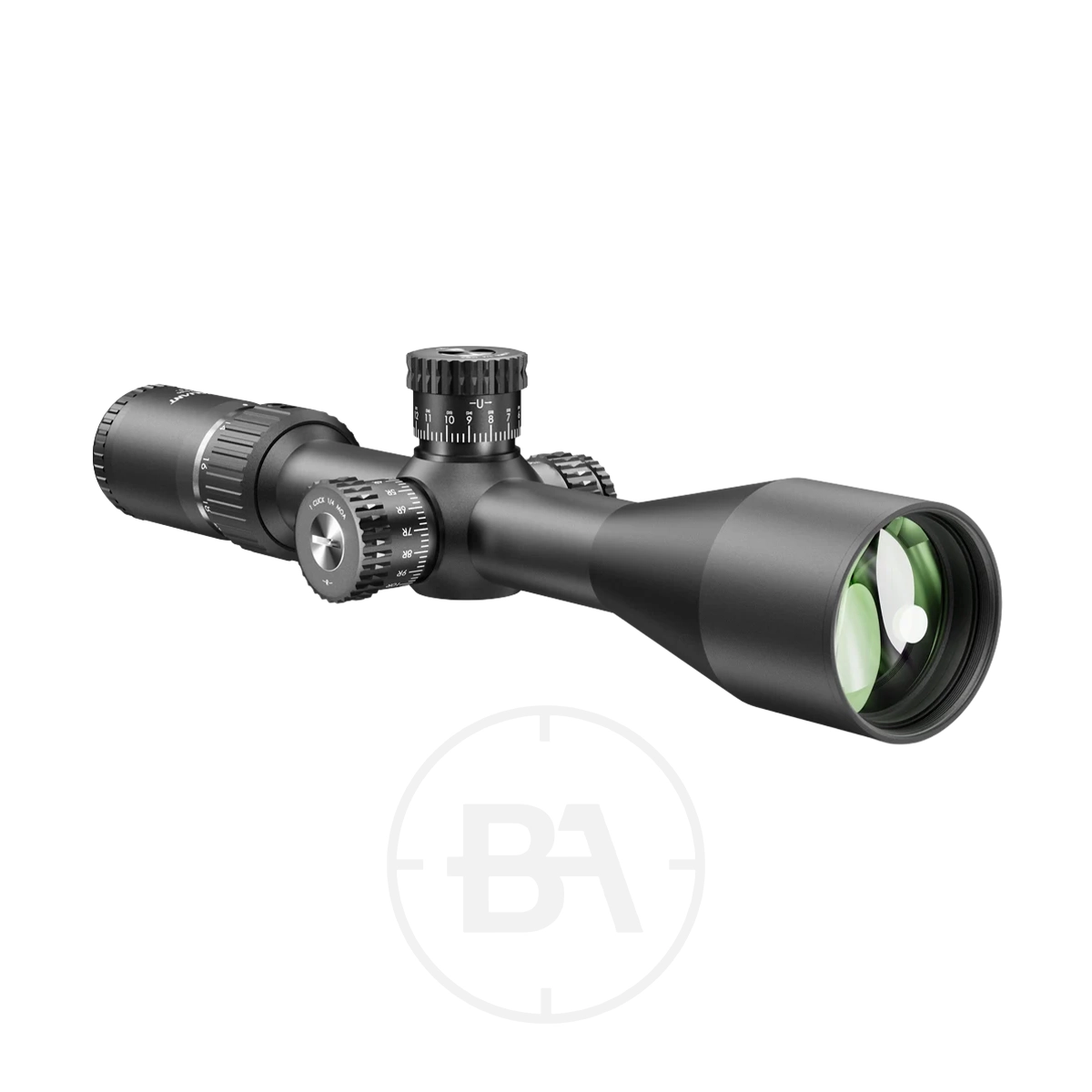Valiant Zephyr 4-16x50 Rifle Scope 7 The Valiant Zephyr 4-16x50 Rifle Scope features adjustment knobs and green-tinted lenses, offering precision and clarity for superior targeting. Shown angled on a white background.