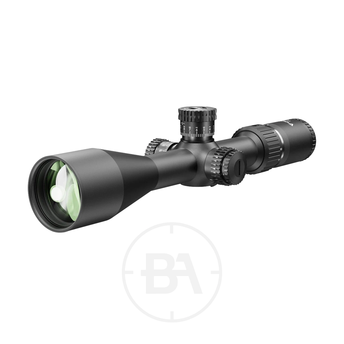 Valiant Zephyr 4-16x50 Rifle Scope 1 Valiant Zephyr 4-16x50 Rifle Scope in black, featuring adjustable dials, a large 50mm objective lens, and a textured focus ring, displayed on a white background.