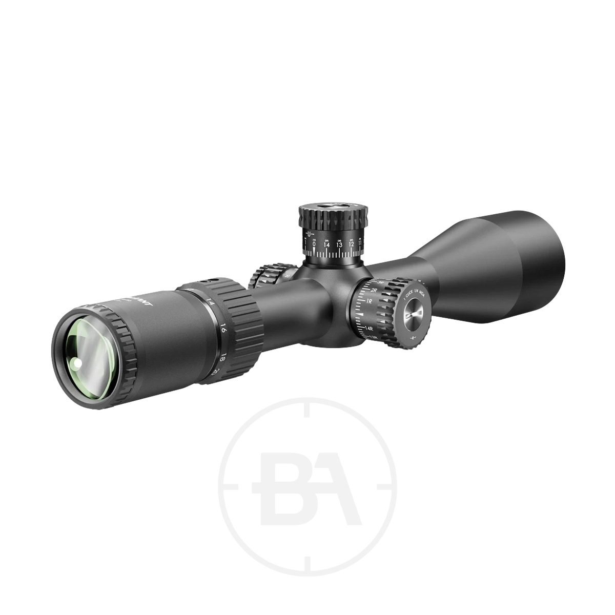 Valiant Zephyr 4-16x50 Rifle Scope 3 The Valiant Zephyr 4-16x50 Rifle Scope is displayed on a white background, featuring green-tinted lenses and adjustment knobs.