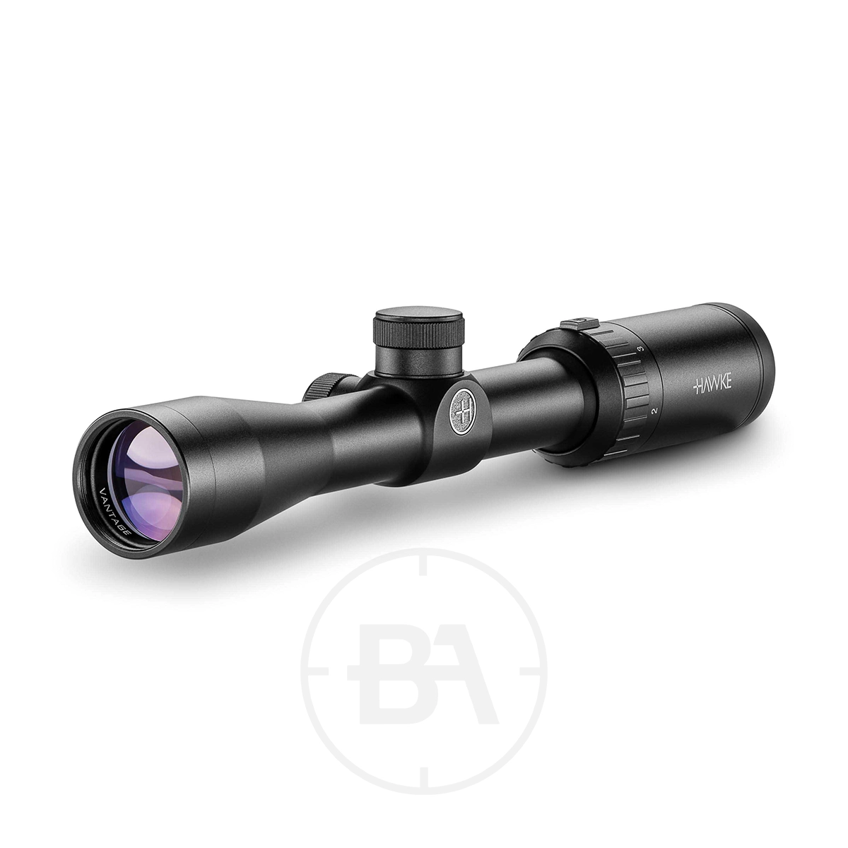 Hawke Vantage 2-7x32 30/30 Duplex Rifle Scope 1 A Hawke Vantage 2-7x32 30/30 Duplex Rifle Scope with adjustment knobs and a purple-tinted lens is displayed on a white background, angled to the left and marked "Hawke" on the side.