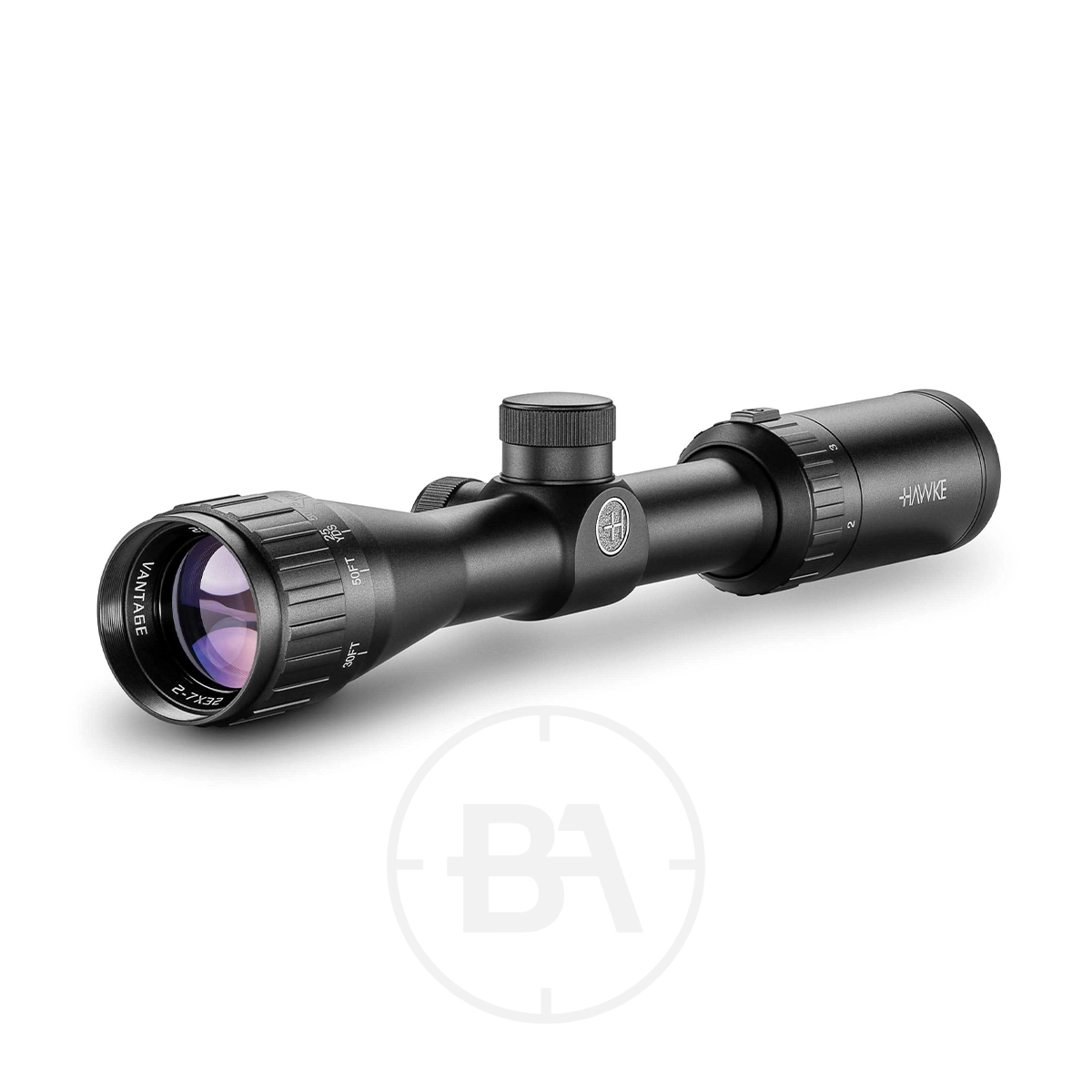 Hawke Vantage 2-7x32 AO Mil Dot Rifle Scope 1 A Hawke Vantage 2-7x32 AO Mil Dot Rifle Scope, black with adjustment knobs and Mil Dot lens markings, rests on a white background featuring a subtle grey "BA" logo beneath it.