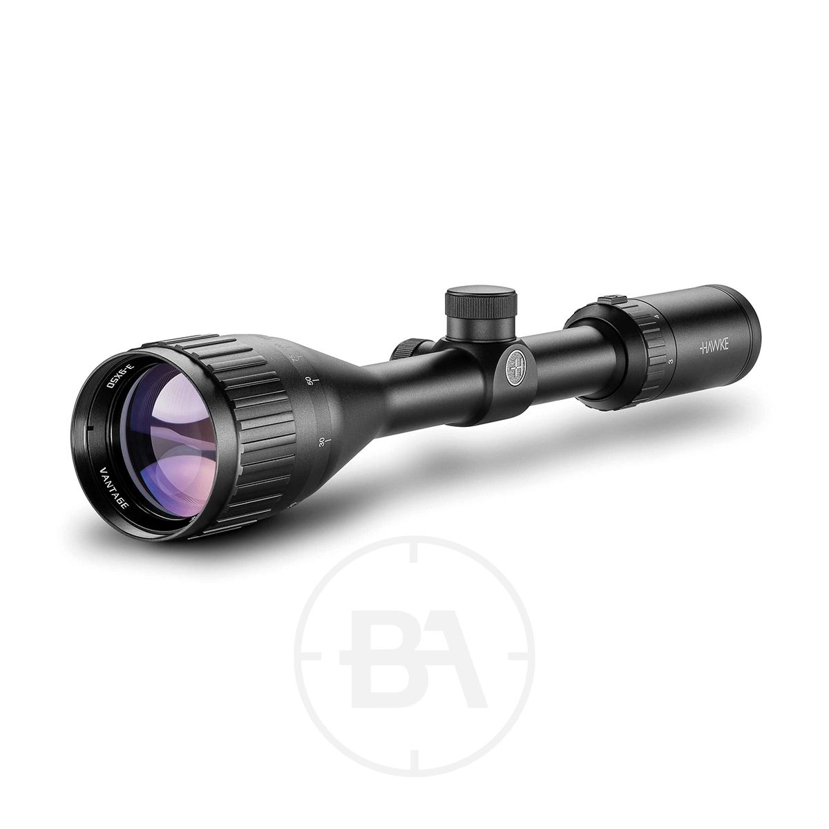 Hawke Vantage 3-9x50 AO Mil Dot Rifle Scope 1 The Hawke Vantage 3-9x50 AO Mil Dot Rifle Scope is shown in black, angled on a white background. It has an adjustable zoom ring, focus dial, elevation/turret knobs, and a Mil Dot reticle. The lens displays a purple reflection.