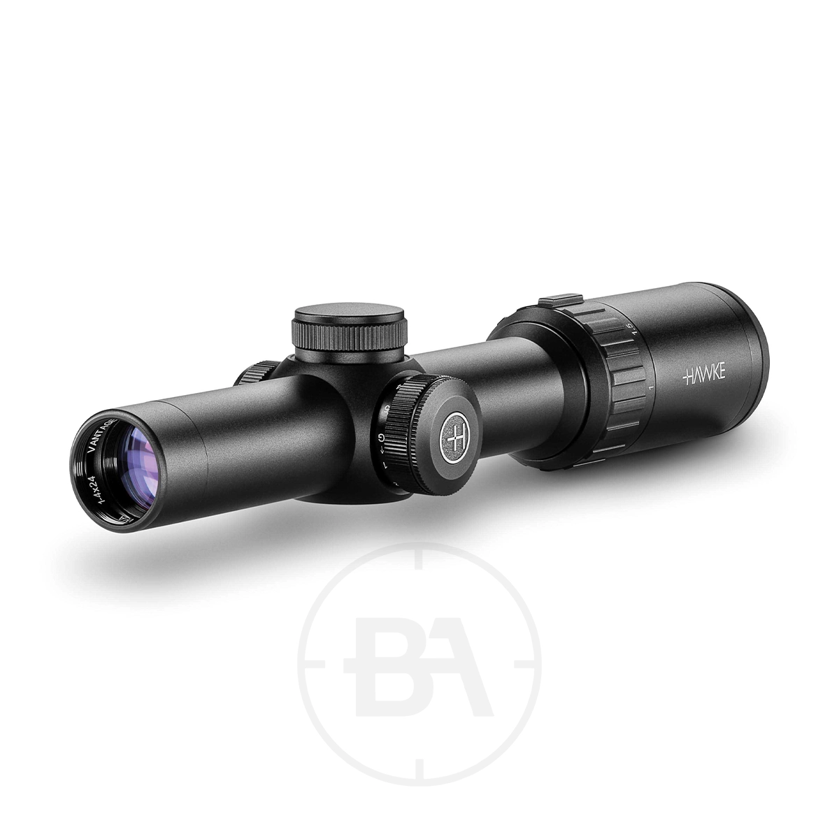 Hawke Vantage 30 WA 1-4x24 L4A Dot SFP Rifle Scope 1 A Hawke Vantage 30 WA 1-4x24 L4A Dot SFP Rifle Scope, black with adjustment dials and a textured focusing ring, is shown on a white background. The front lens has a subtle blue tint.