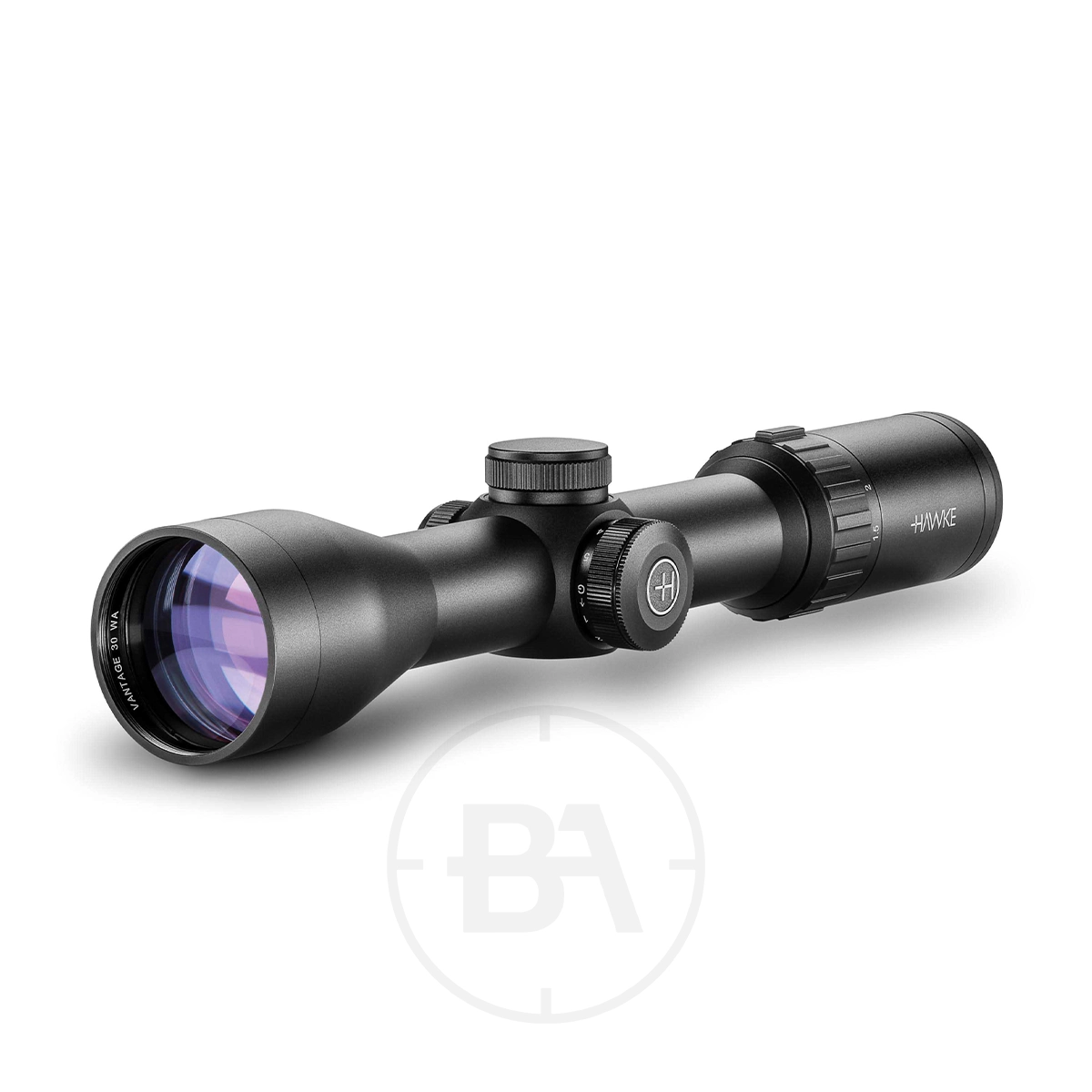 Hawke Vantage 30 WA 1.5-6x44 L4A Dot SFP Rifle Scope 1 A Hawke Vantage 30 WA 1.5-6x44 L4A Dot SFP Rifle Scope with adjustment knobs, a textured focus ring, and a lens with a blue-purple tint is angled against a white background.