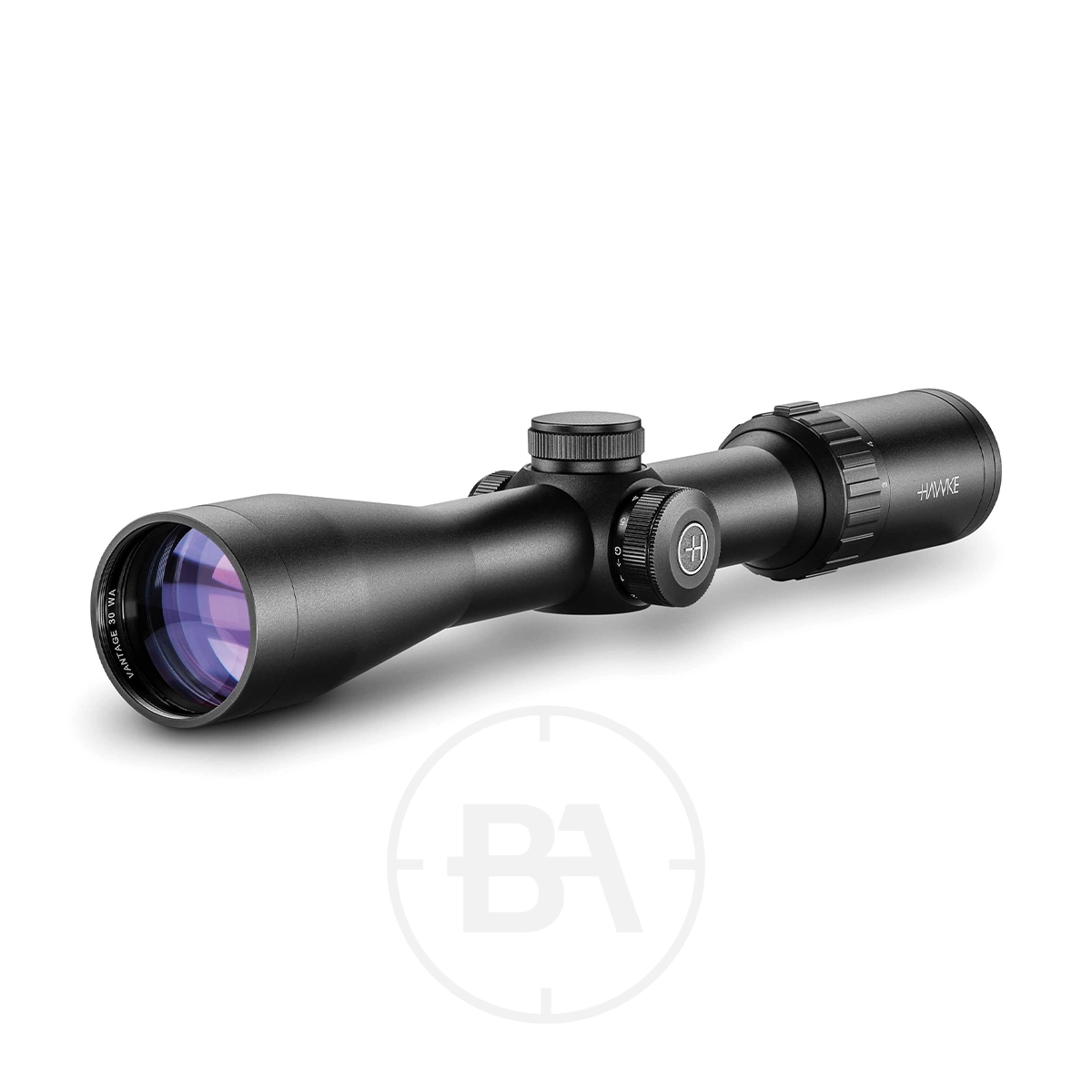 Hawke Vantage 30 WA 3-9x42 L4A Dot SFP Rifle Scope 1 A black Hawke Vantage 30 WA 3-9x42 L4A Dot SFP Rifle Scope with adjustment knobs and a purple-tinted lens is shown at an angle on a white background, offering clarity and precision for shooting.