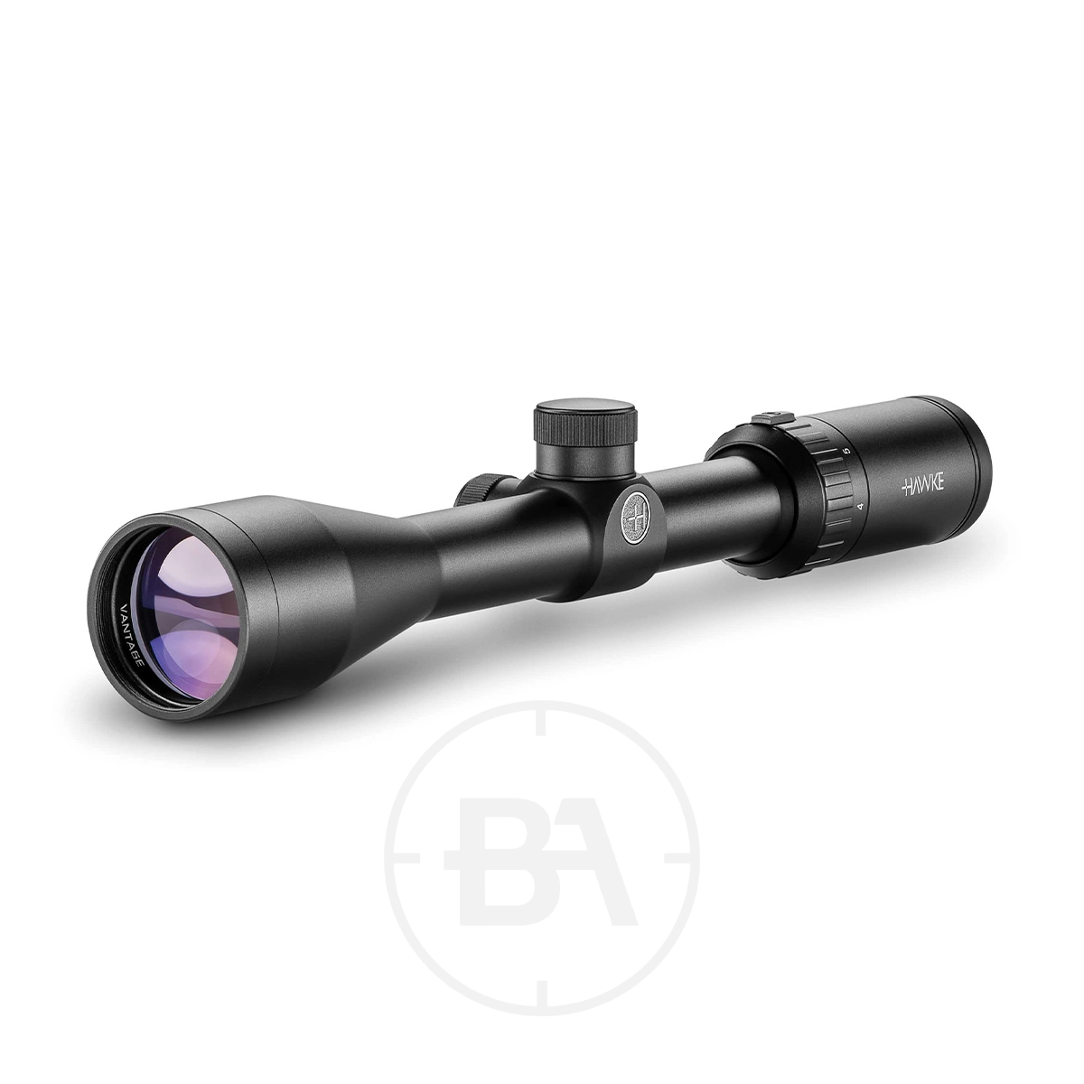 Hawke Vantage 4-12x40 30/30 Duplex Rifle Scope 1 The Hawke Vantage 4-12x40 30/30 Duplex Rifle Scope, black with adjustment knobs and visible lens, displays the "Hawke" name on the side and is set against a white background.