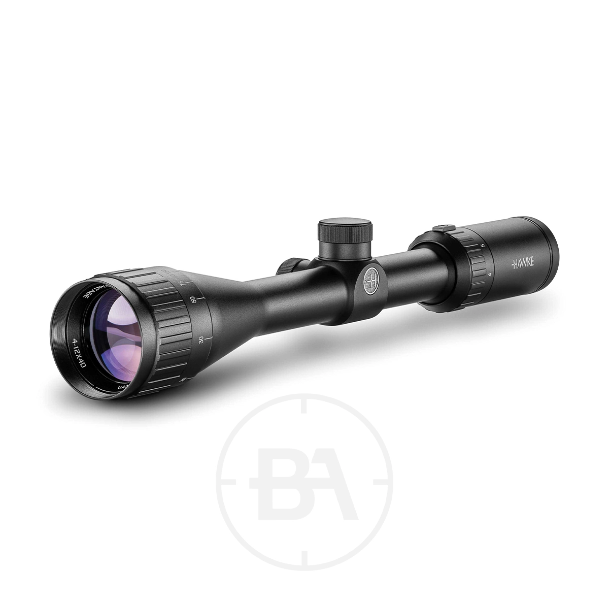 Hawke Vantage 4-12x40 AO 30/30 Duplex Rifle Scope 1 A black Hawke Vantage 4-12x40 AO 30/30 Duplex Rifle Scope with adjustment knobs, lens covers, and coated optics is displayed on a white background. The scope is branded "Hawke".