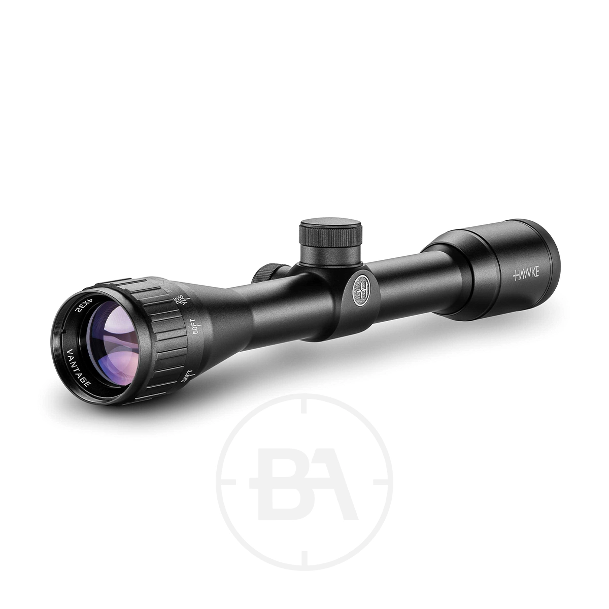 Hawke Vantage 4x32 AO Mil Dot Rifle Scope 1 A black Hawke Vantage 4x32 AO Mil Dot Rifle Scope with adjustment knobs and lens caps is displayed at an angle on a white background, featuring clear glass lenses and the "Hawke" brand name visible on the side.