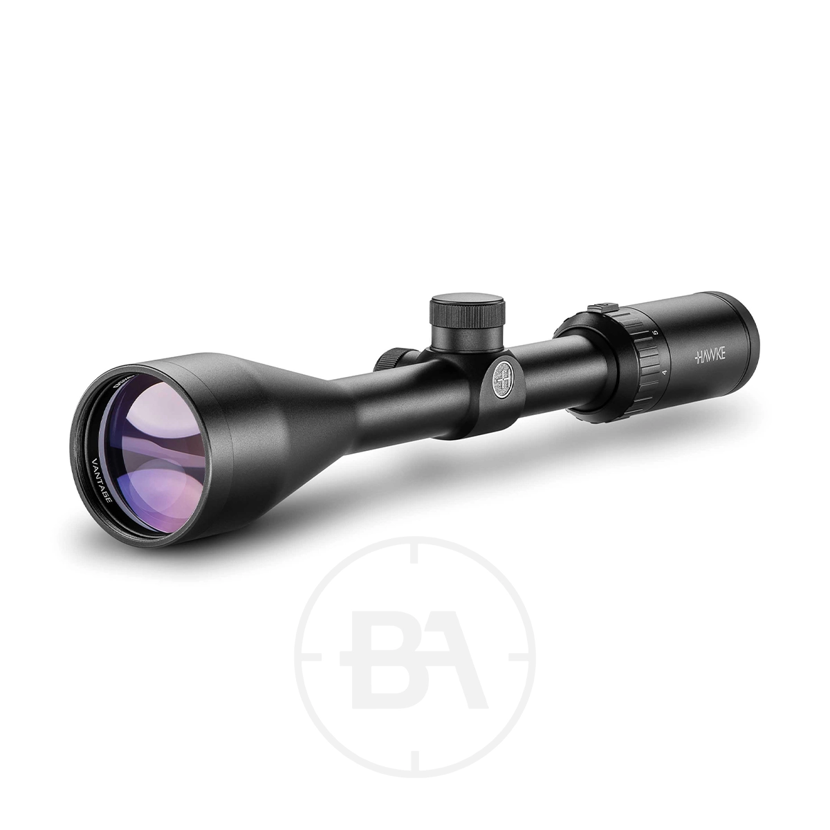 Hawke Vantage 4-12x50 30/30 Duplex Rifle Scope 1 The Hawke Vantage 4-12x50 30/30 Duplex Rifle Scope features adjustment knobs and purple-tinted lenses, shown on a white background.