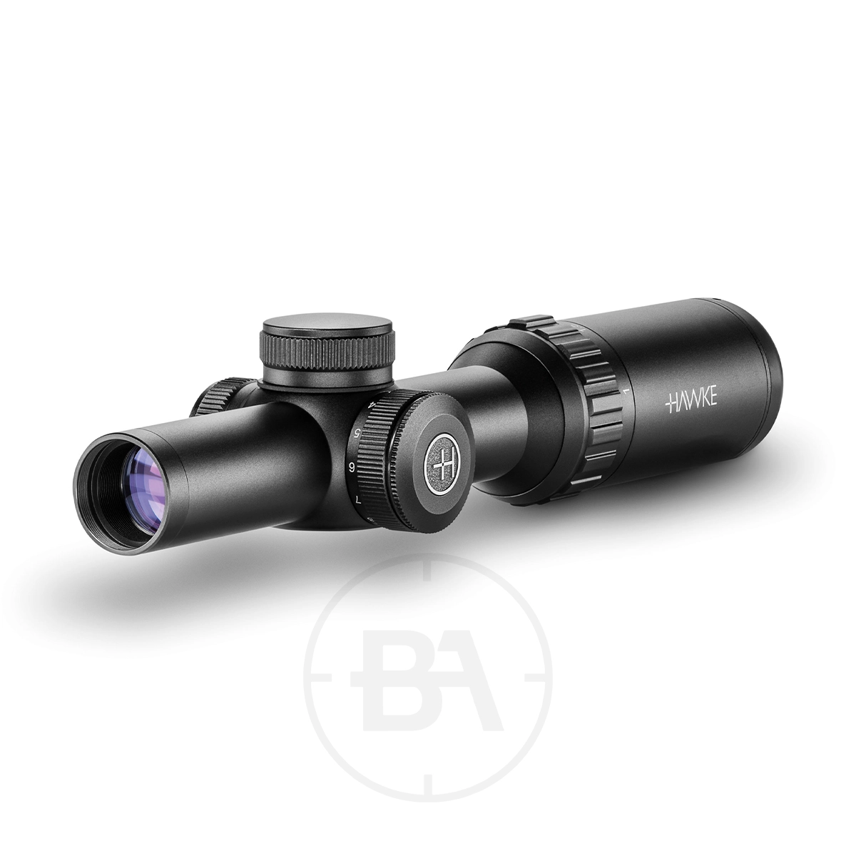 Hawke Vantage IR 1-4x20 L4A FD Rifle Scope 1 A black rifle scope with adjustment dials and a lens cap, branded "HAWKE," displayed on a white background.