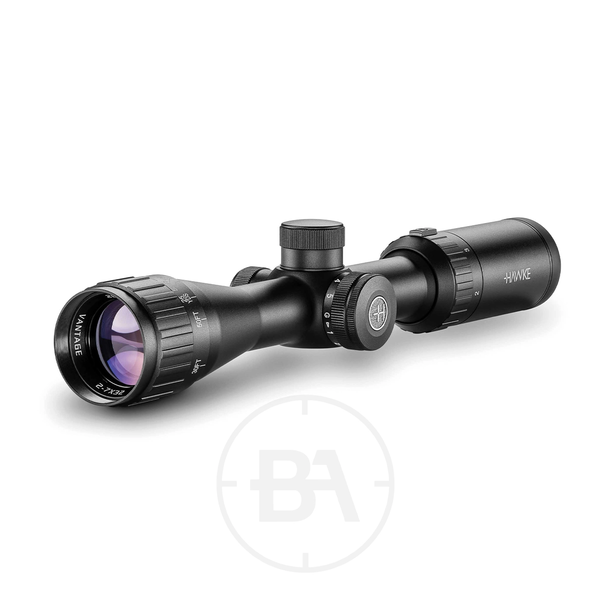 Hawke Vantage IR 2-7x32 AO Mil Dot Rifle Scope 1 A Hawke Vantage IR 2-7x32 AO Mil Dot Rifle Scope with adjustment dials and a purple-tinted lens is displayed at an angle on a white background, showing the "HAWKE" brand name on the side.