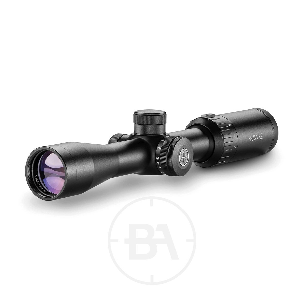 Hawke Vantage IR 2-7x32 Mil Dot Rifle Scope 1 The Hawke Vantage IR 2-7x32 Mil Dot Rifle Scope, featuring adjustment dials and a coated lens, is shown in black on a white background with a faint circular "BA" logo beneath it.