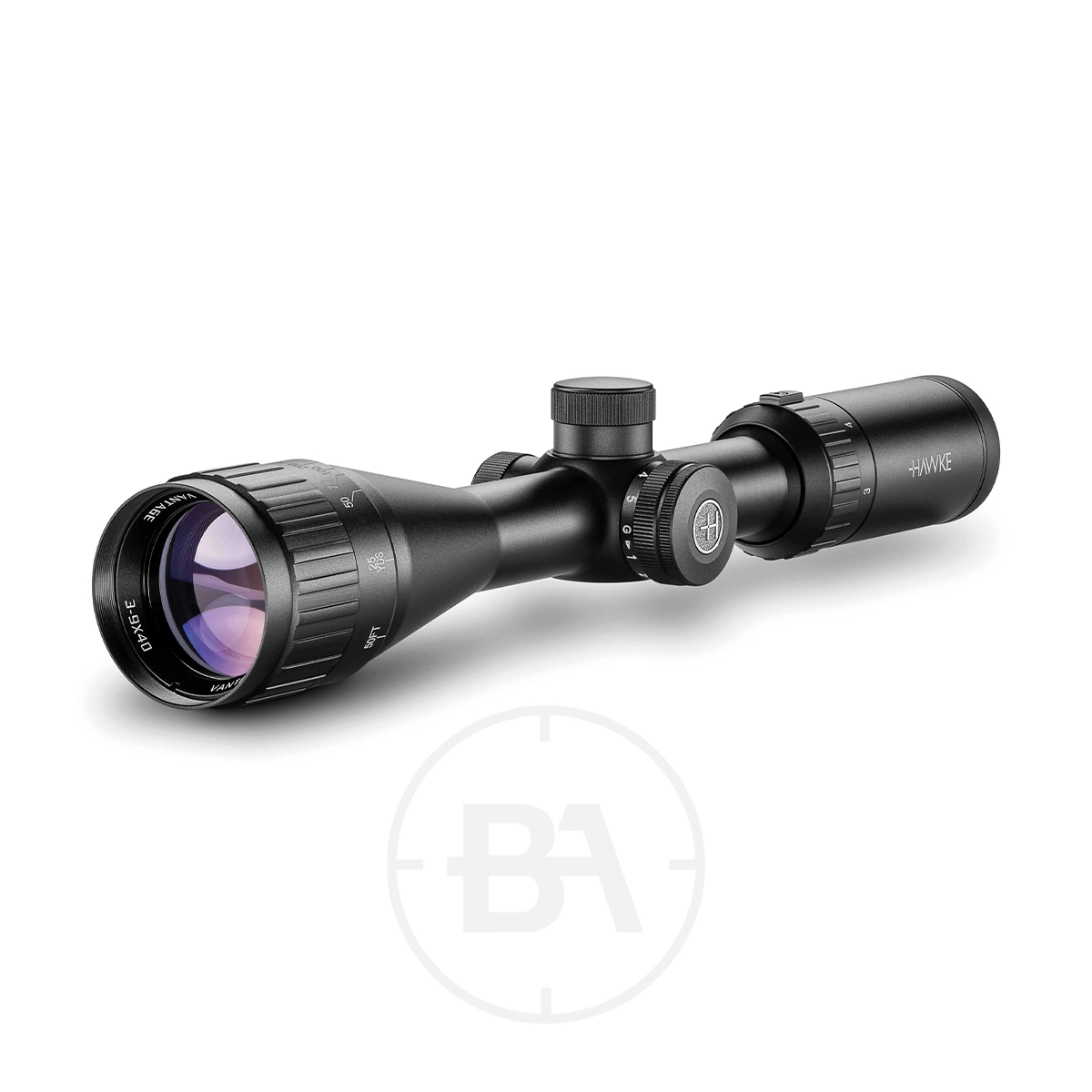 Hawke Vantage IR 3-9x40 AO Mil Dot IR SFP Rifle Scope 1 The Hawke Vantage IR 3-9x40 AO Mil Dot IR SFP Rifle Scope with adjustable knobs and a magnifying lens, featuring a Mil Dot reticle, is displayed against a white background.