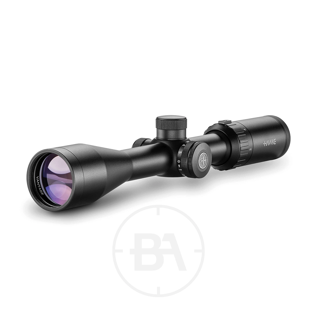 Hawke Vantage IR 3-9x40 L4A Dot SFP Rifle Scope 1 The Hawke Vantage IR 3-9x40 L4A Dot SFP Rifle Scope is black with adjustment dials, a textured eyepiece grip, and a purple-tinted lens. It’s shown on a white background with a faint circular logo beneath the scope.